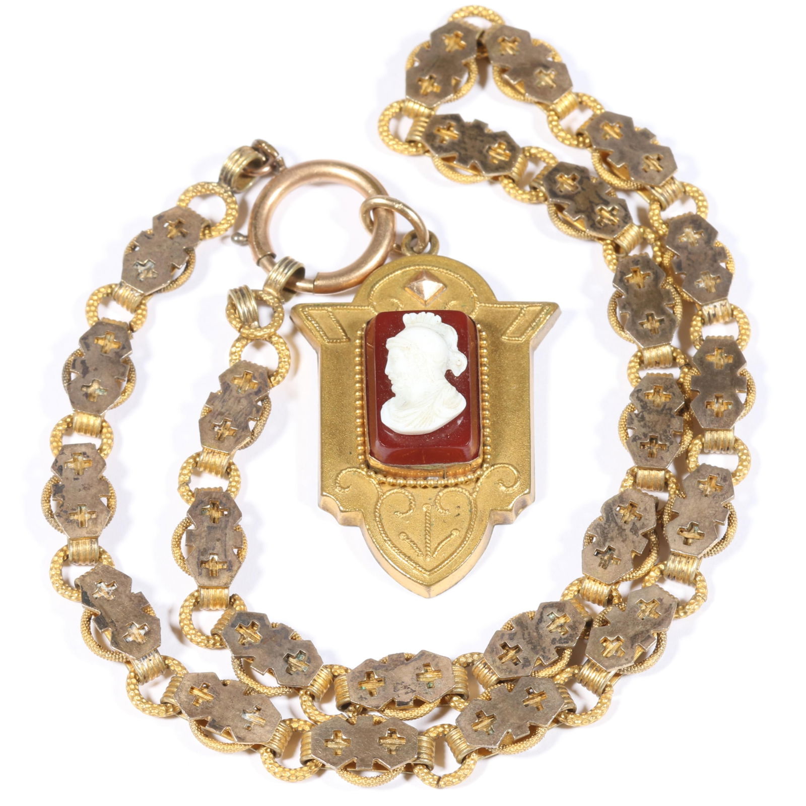Antique Victorian Roman soldier cameo back locket on ornate gold filled book chain with gold fronts: Antique Victorian Roman soldier cameo back locket on ornate gold filled book chain with gold fronts Light wear to gold fill on chain. Provenance: From the collection of Sue Rudman, owner of Antique So