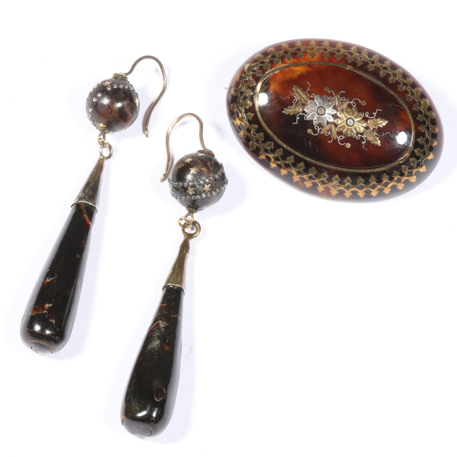 Antique Victorian Pique sterling silver earrings with star accents, and floral brooch 2 3/4"Drop x (1 of 20)