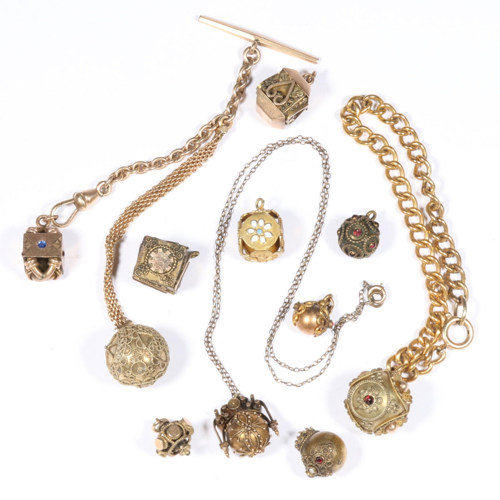 Antique Victorian Etruscan revival charm group including enamel and jeweled pieces, bracelet, and (1 of 7)