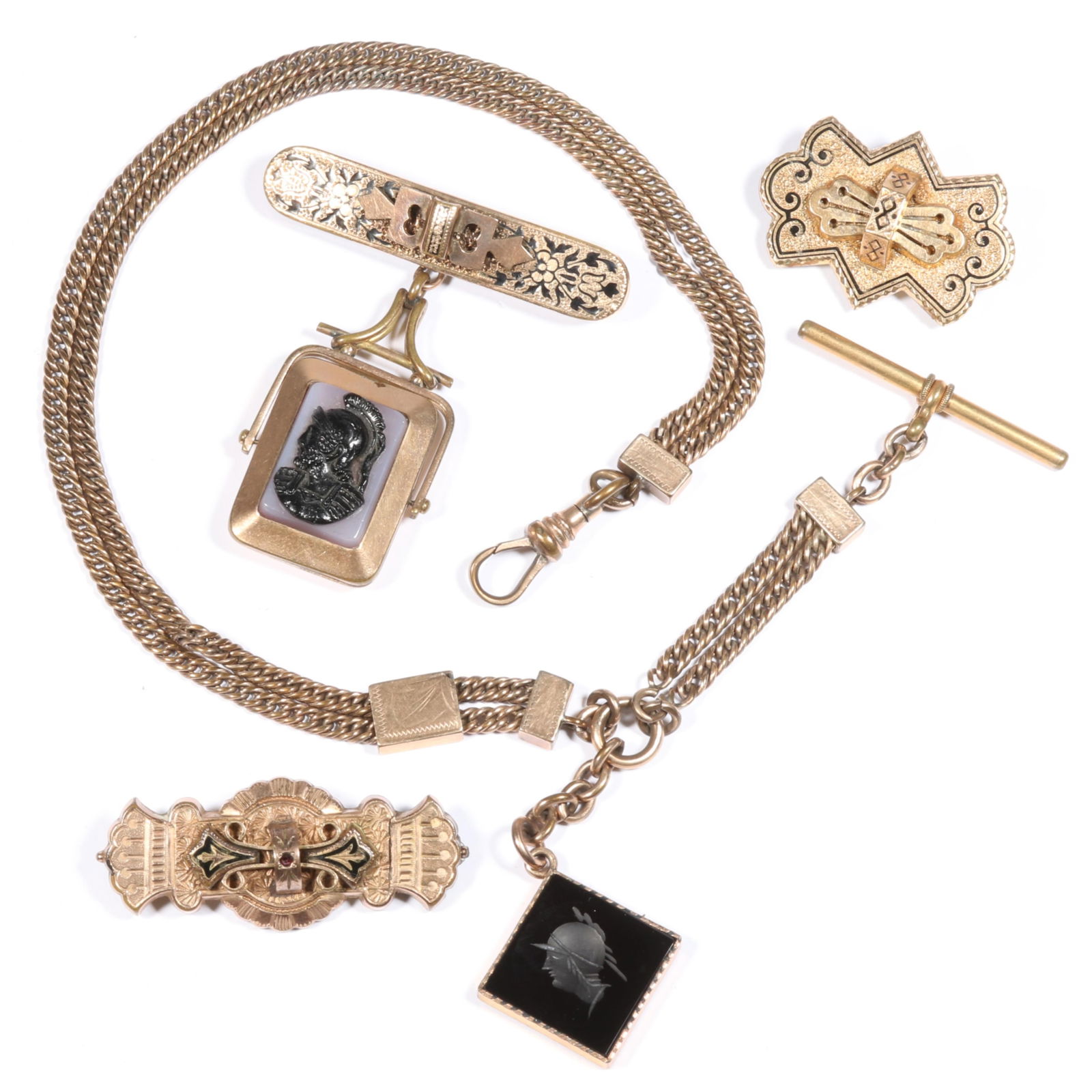 Antique Victorian jewelry group including Taille D'epargne enamel Roman soldier carved stone cameo (1 of 10)