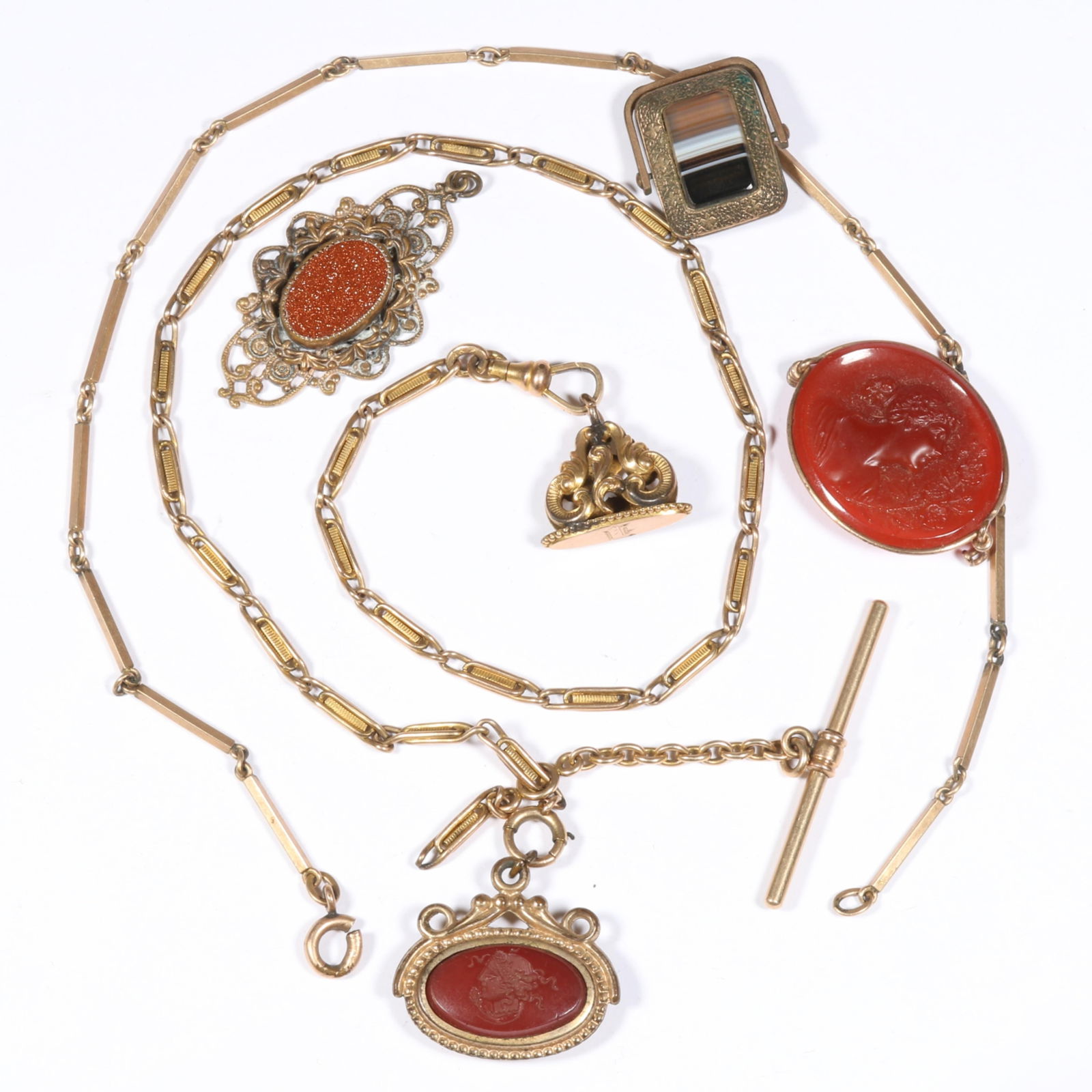Victorian jewelry group including natural stone cameos, watch fob chain, agate swivel charm, gold (1 of 11)