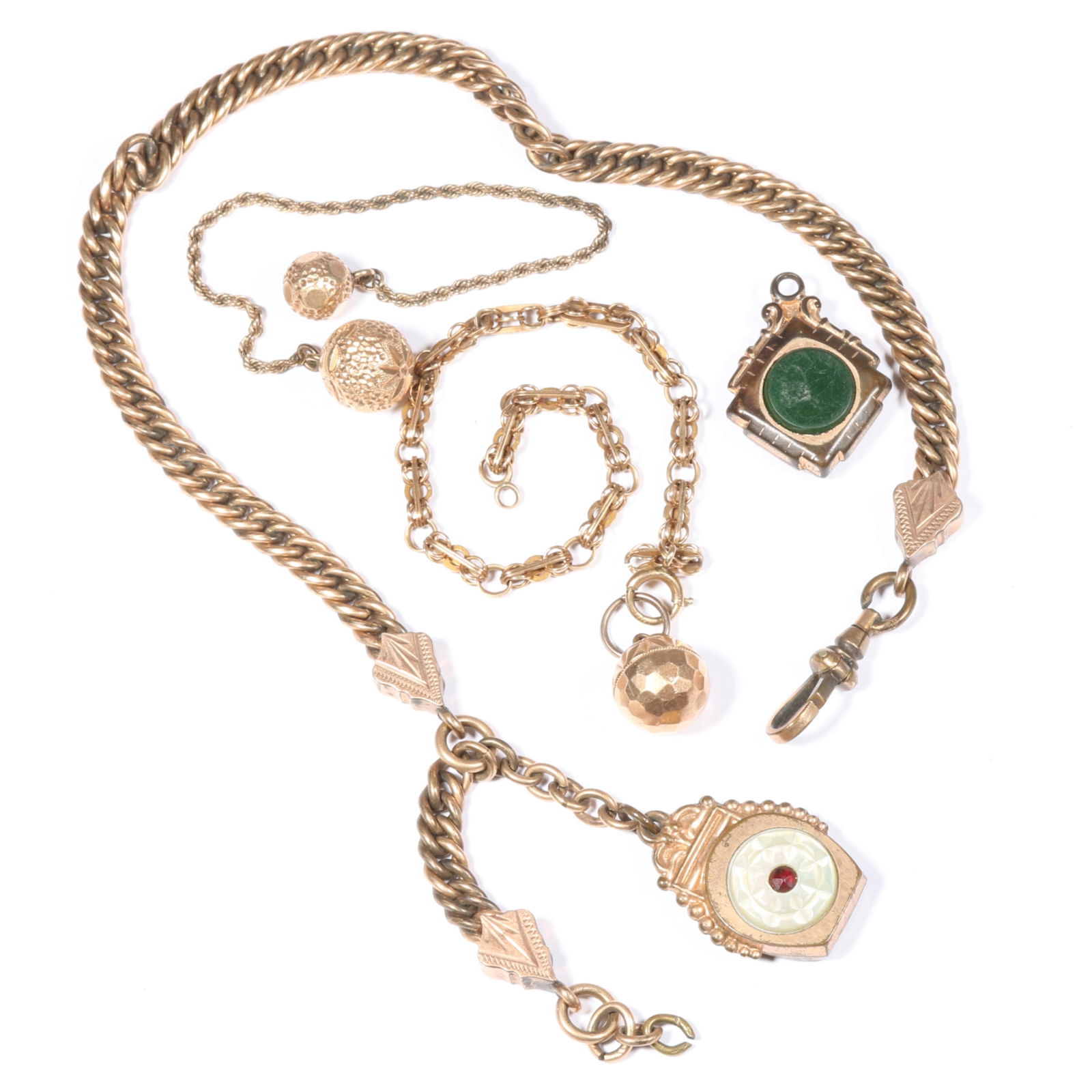 Antique Victorian jewelry group including MOP charm double sided fob chain, engraved orbs, and: Antique Victorian jewelry group including MOP charm double sided fob chain, engraved orbs, and double sided stone charm. Some wear to gold fill / tone. 11 1/2"L x 3"Drop (watch fob chain)