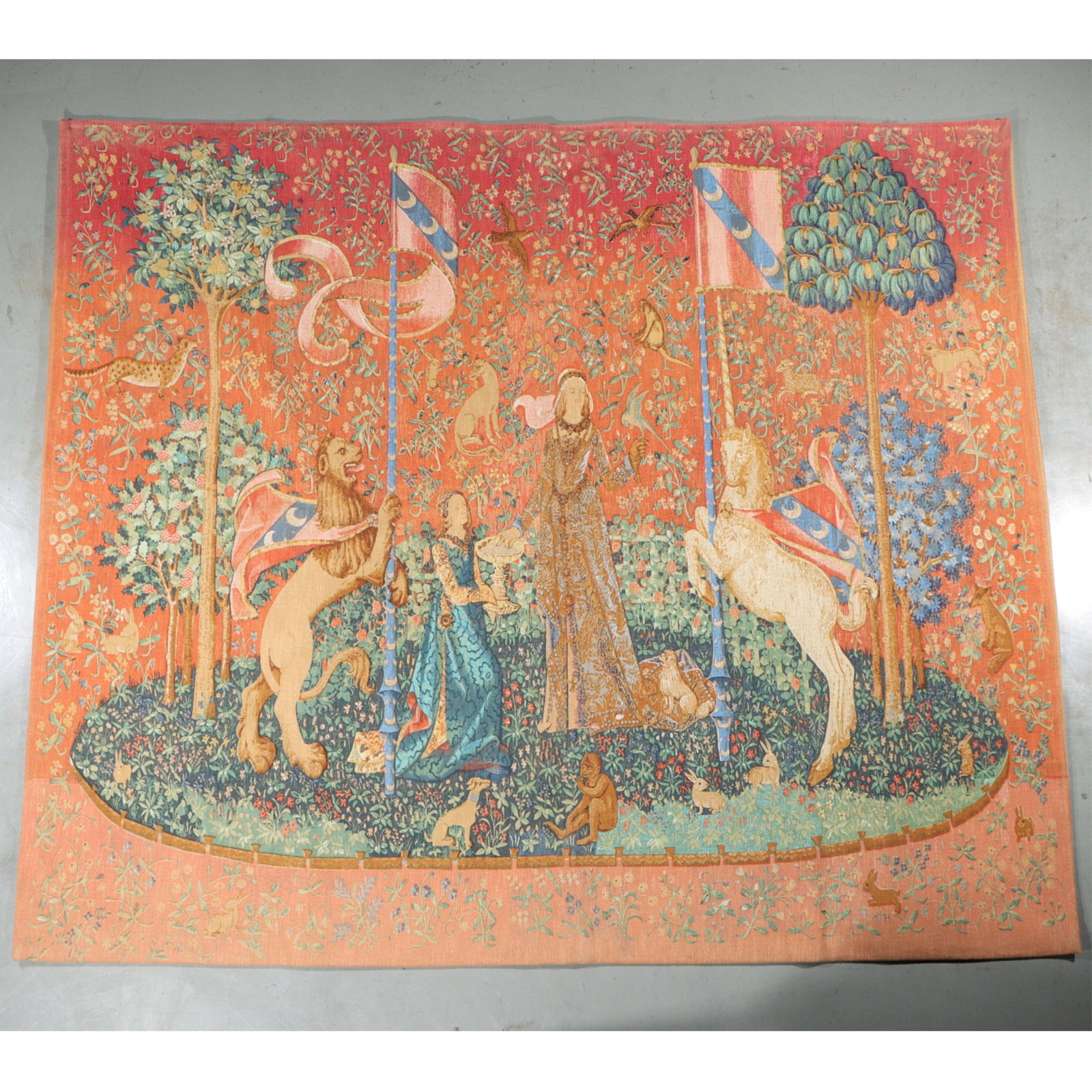 After La Dame a la Licorne 'Le Gout' vintage 20th Century French after the medieval unicorn tapestry: After La Dame a la Licorne 'Le Gout' vintage 20th Century French after the medieval unicorn tapestry wall hanging panel, Artis Flora, Paris. Signed and dated 6/83 to verso. 54"H x 64"W