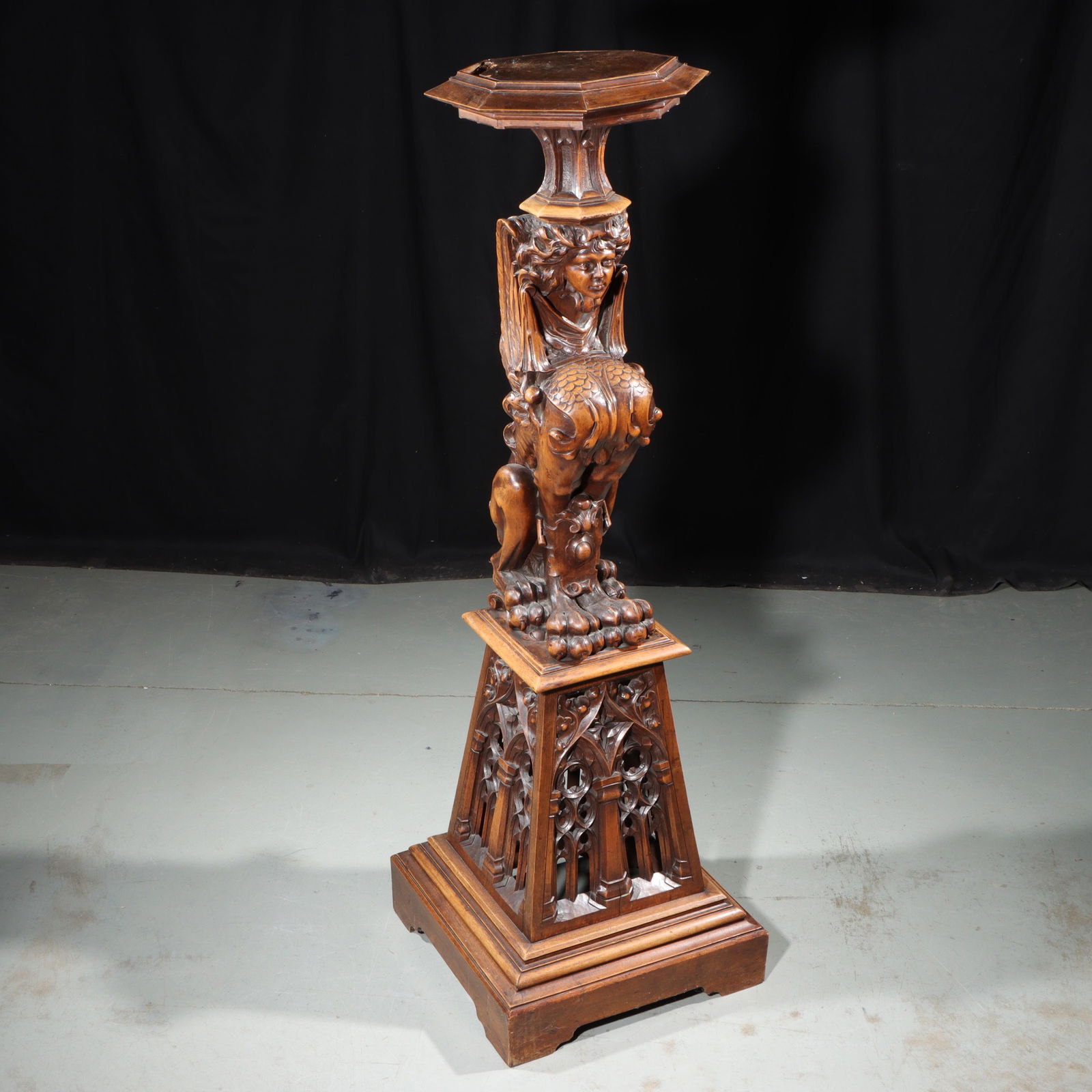 19th Century Italian? Gothic Revival carved oak or nutwood figural pedestal with mythological Sphinx (1 of 15)
