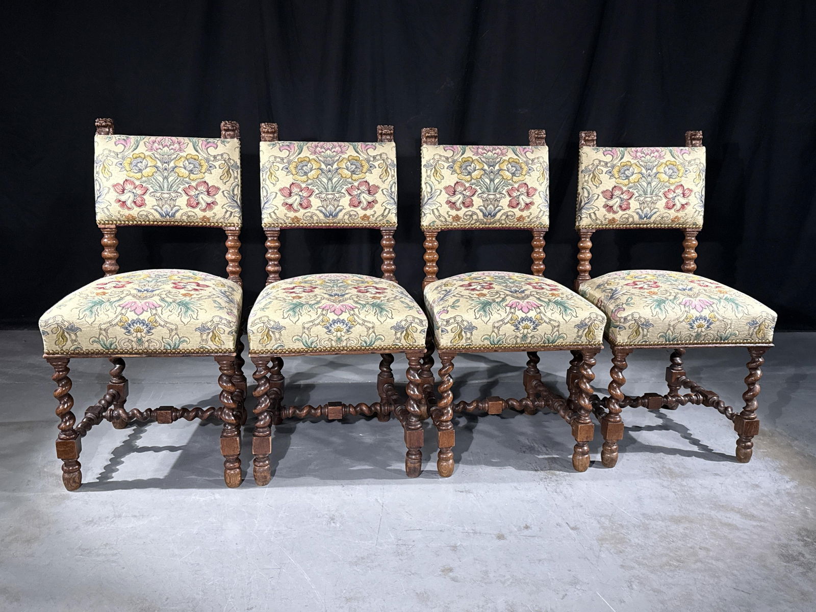 French Baroque Louis XIII carved barley twist set of four dining chairs with carved lion head (1 of 8)