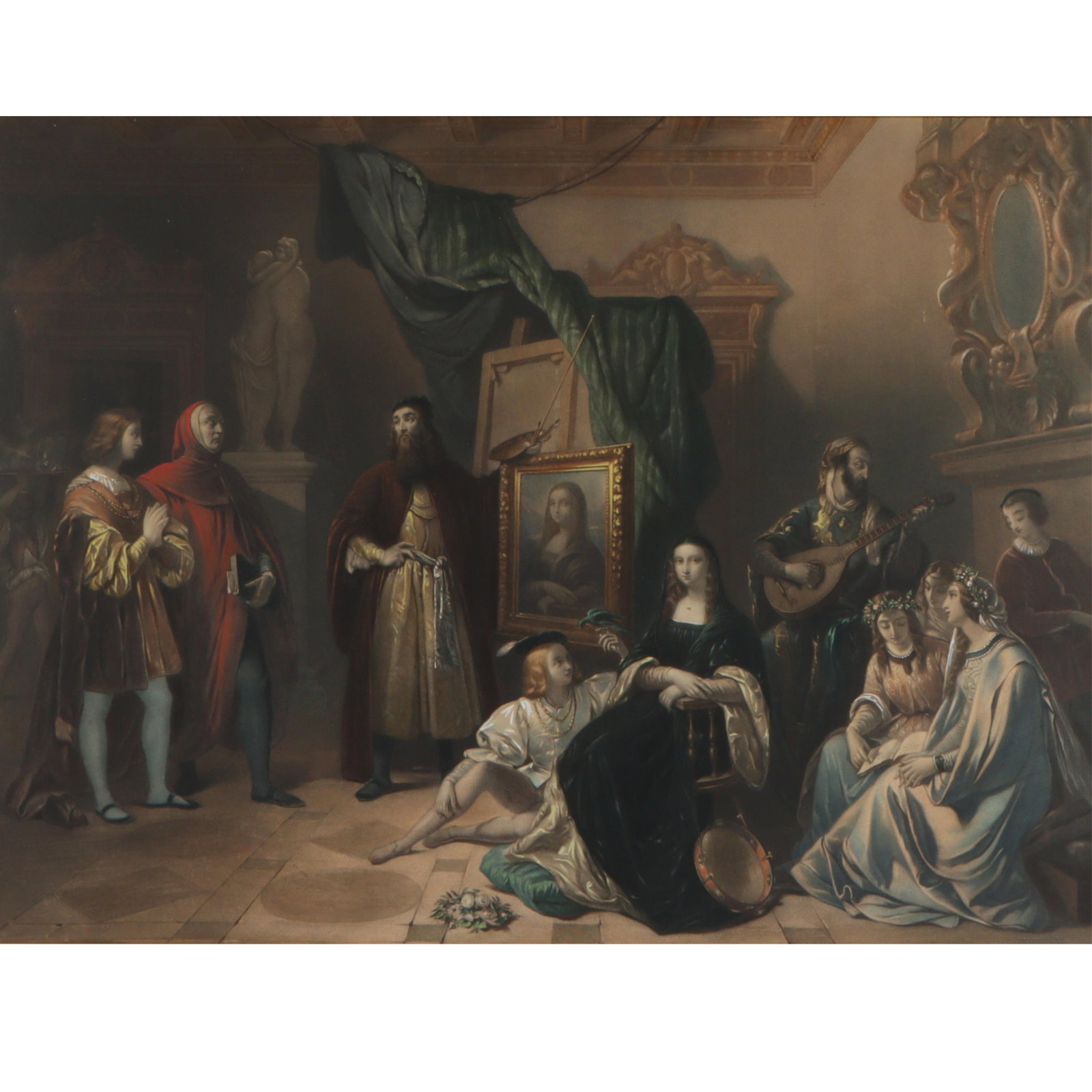 Hand colored engraving after Aim?e Brune-Pages (1803-1866), Leonardo da Vinci presents the Mona Lisa: Hand colored engraving after Aimee Brune-Pages (1803-1866), Leonardo da Vinci presents the Mona Lisa to Raphael, Engraved by Charles Lemoineunder, 1845. Under glass in a fine ornate antique gilt gesso