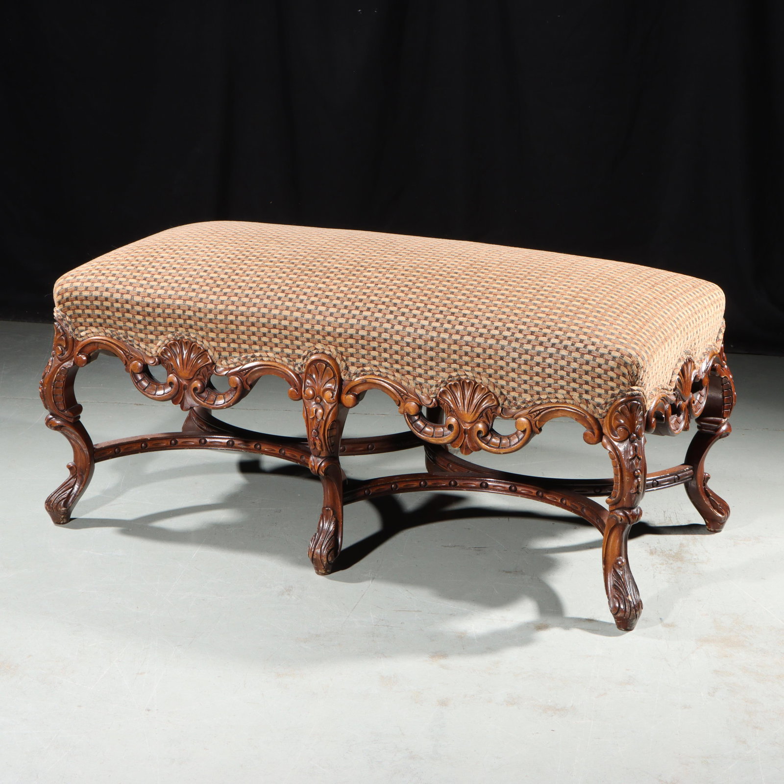 Baroque revival open carved walnut? upholstered window bench with shell motif, cabriole legs, and (1 of 12)