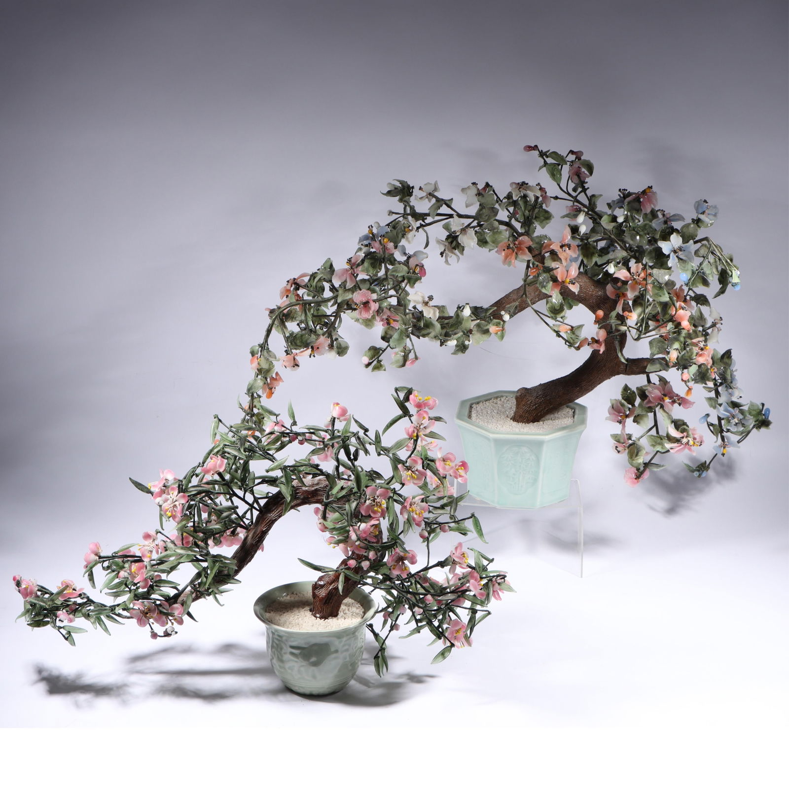Two large jade and pink Peking glass bonzai trees in celadon green glaze pots. 21"H x 30"W (larger (1 of 19)