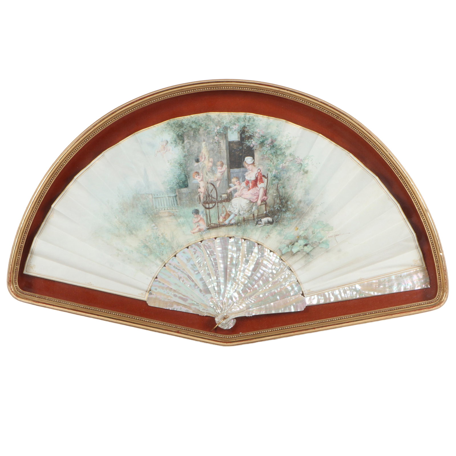 Antique French hand painted scenic paper fan with Mother of Pearl handle signed "Marie Grivaz" in: Antique French hand painted scenic paper fan with Mother of Pearl handle signed "Marie Grivaz" in frame. 15 1/4"H x 25 1/2"W