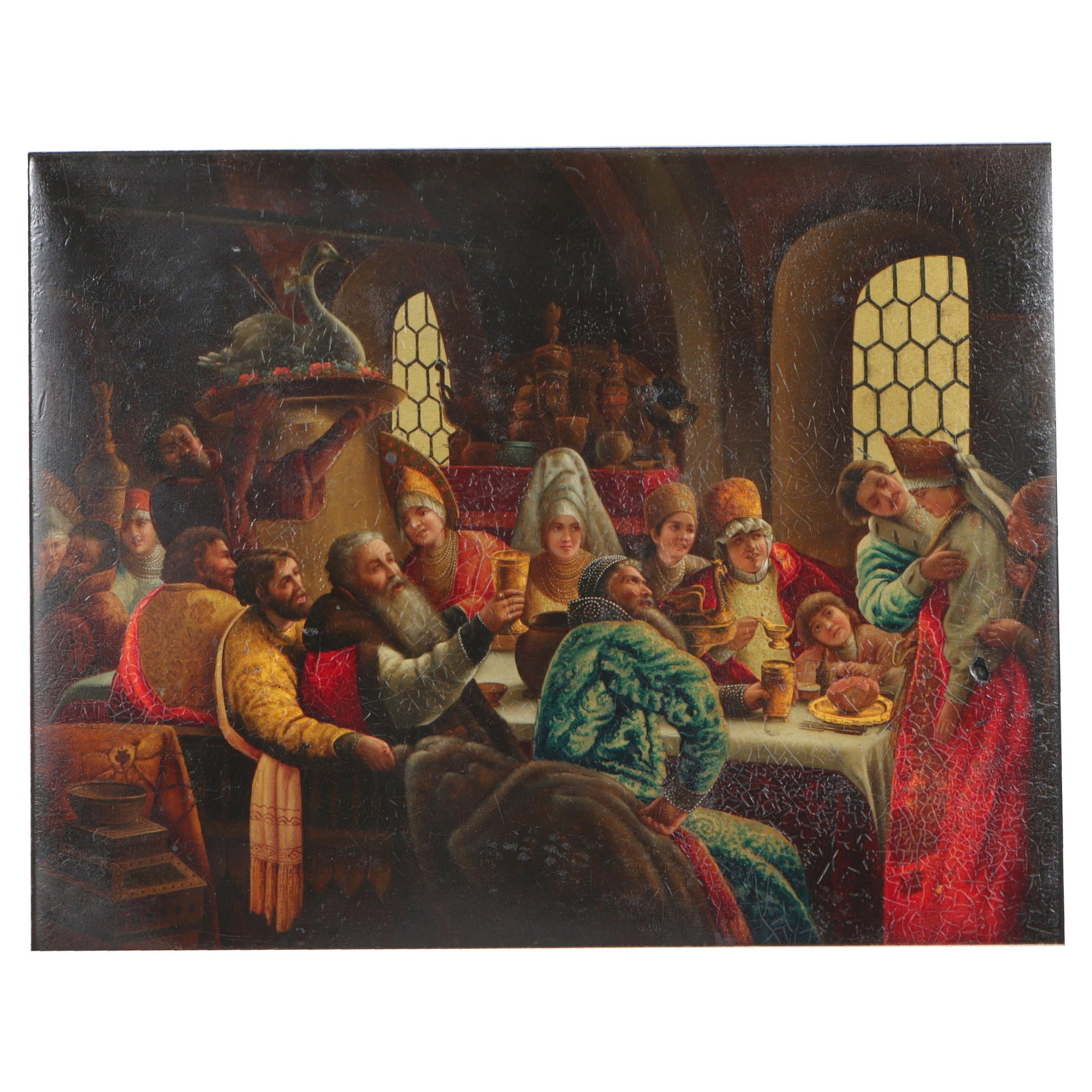Framed Russian lacquer hand painted scenic box lid depicting "A Boyar Wedding Feast" after: Framed Russian lacquer hand painted scenic box lid depicting "A Boyar Wedding Feast" after Konstantin Makovsky (1839?1915). 9 3/4"H x 12 1/4"W (lid), 13 1/4"H x 16"W (frame)