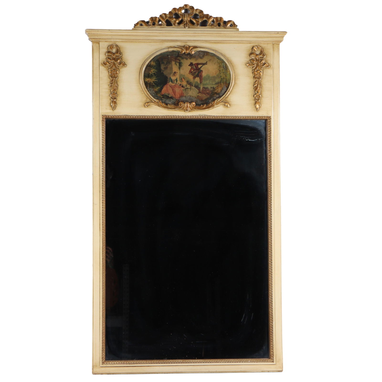 French Louis XIV Style Carved Giltwood and Distress Painted Trumeau Mirror. 48"H x 26"W: French Louis XIV Style Carved Giltwood and Distress Painted Trumeau Mirror. 48"H x 26"W