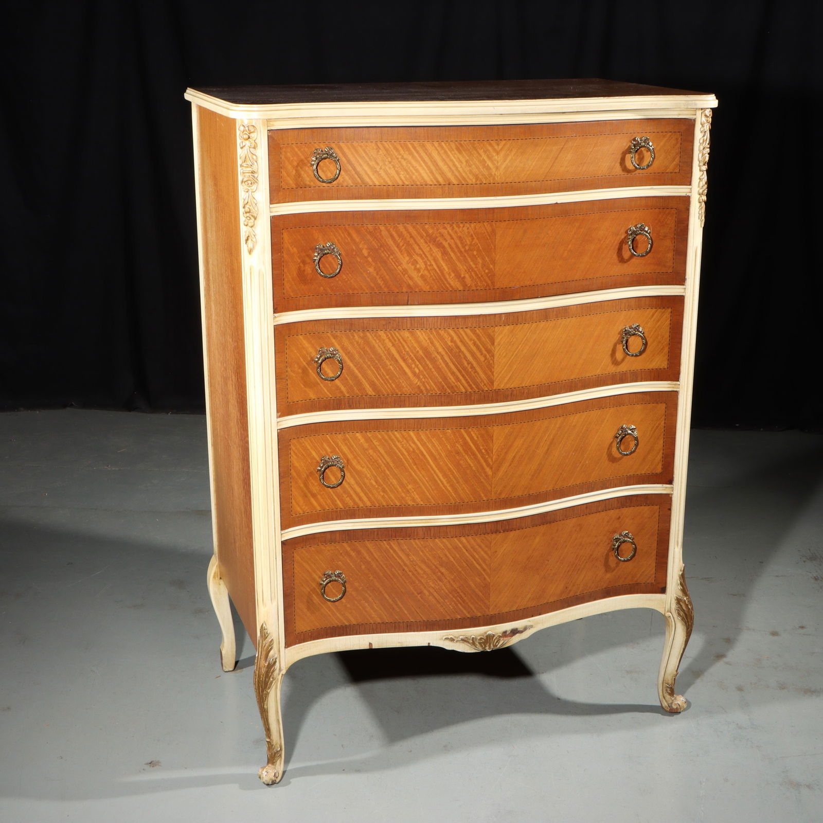 French Provincial Louis XV style highboy dresser chest of drawers with bleached and natural band (1 of 16)