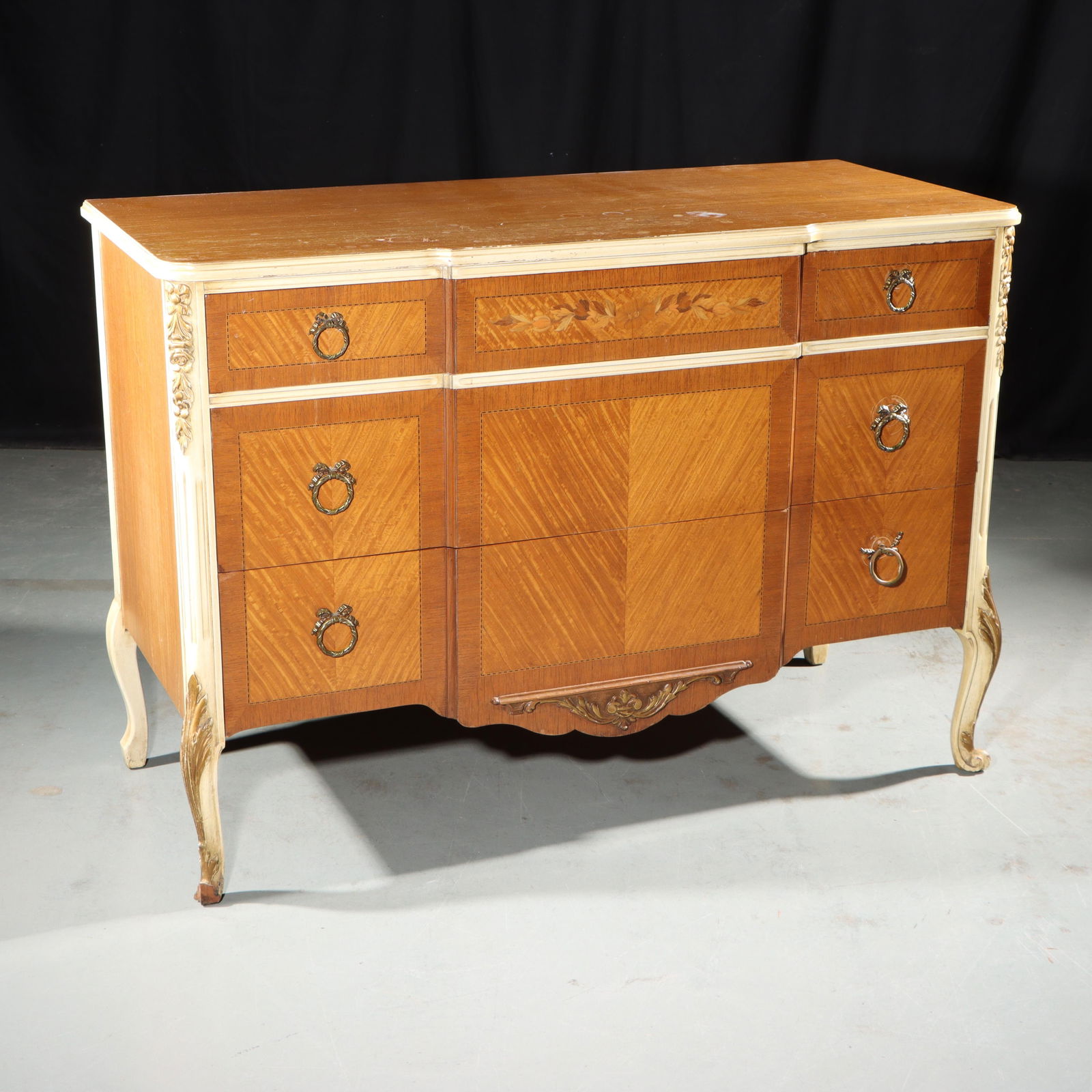French Provincial Louis XV style dresser chest of drawers with bleached and natural band inlaid (1 of 18)