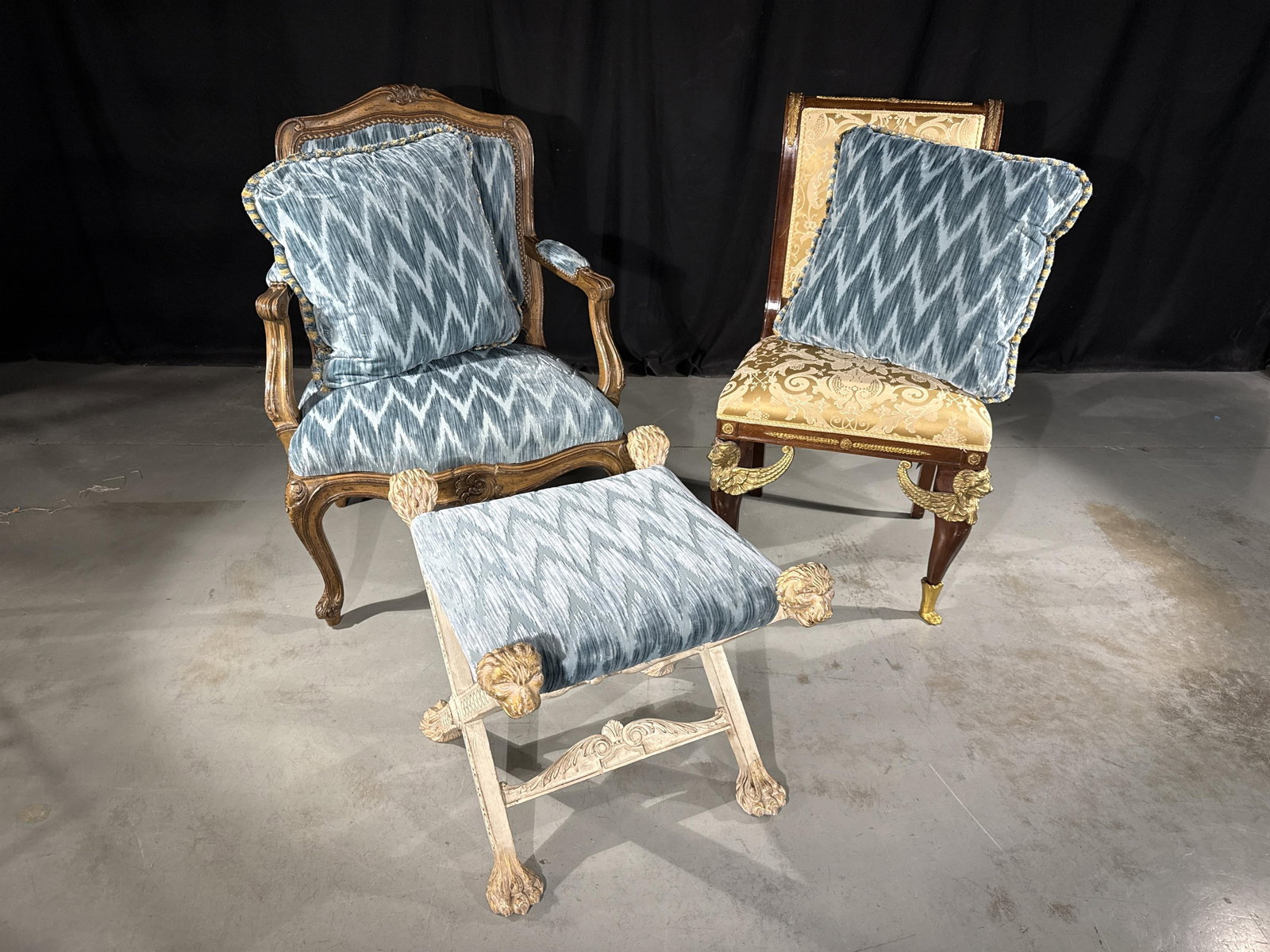 French style furniture, 3pc: French Louis XV style giltwood fauteuil armchair with blue velvet flame (1 of 8)