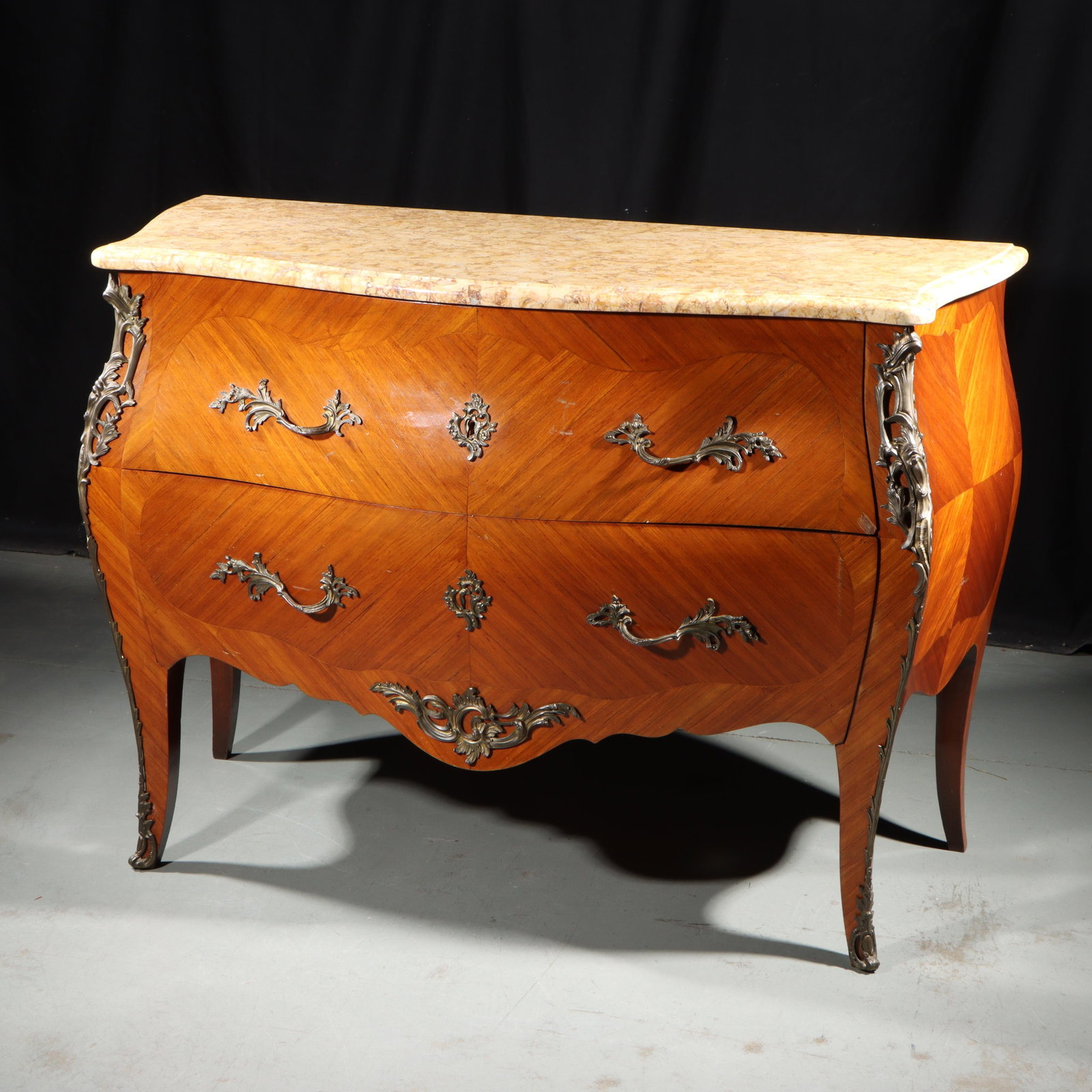 Vintage Italian Louis XV Style Marble Top Bombe Commode - Inlaid Chest of Drawers with ormolu: Vintage Italian Louis XV Style Marble Top Bombe Commode - Inlaid Chest of Drawers with ormolu mounts. 33 3/8" H x 46 1/4" W x 21" D
