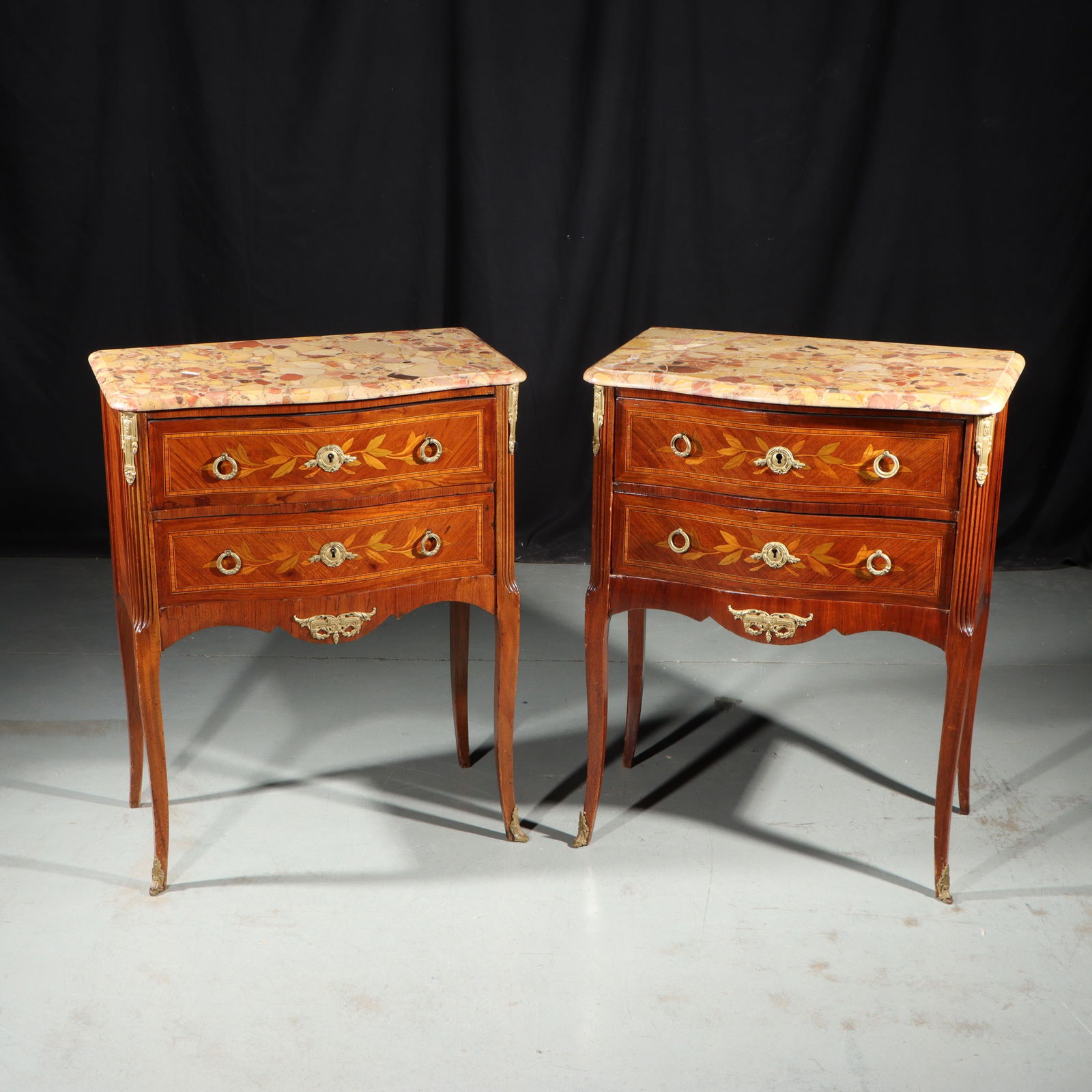 Pair French Louis XVI style marble top inlaid two drawer nightstand side table chests with ormolu (1 of 17)