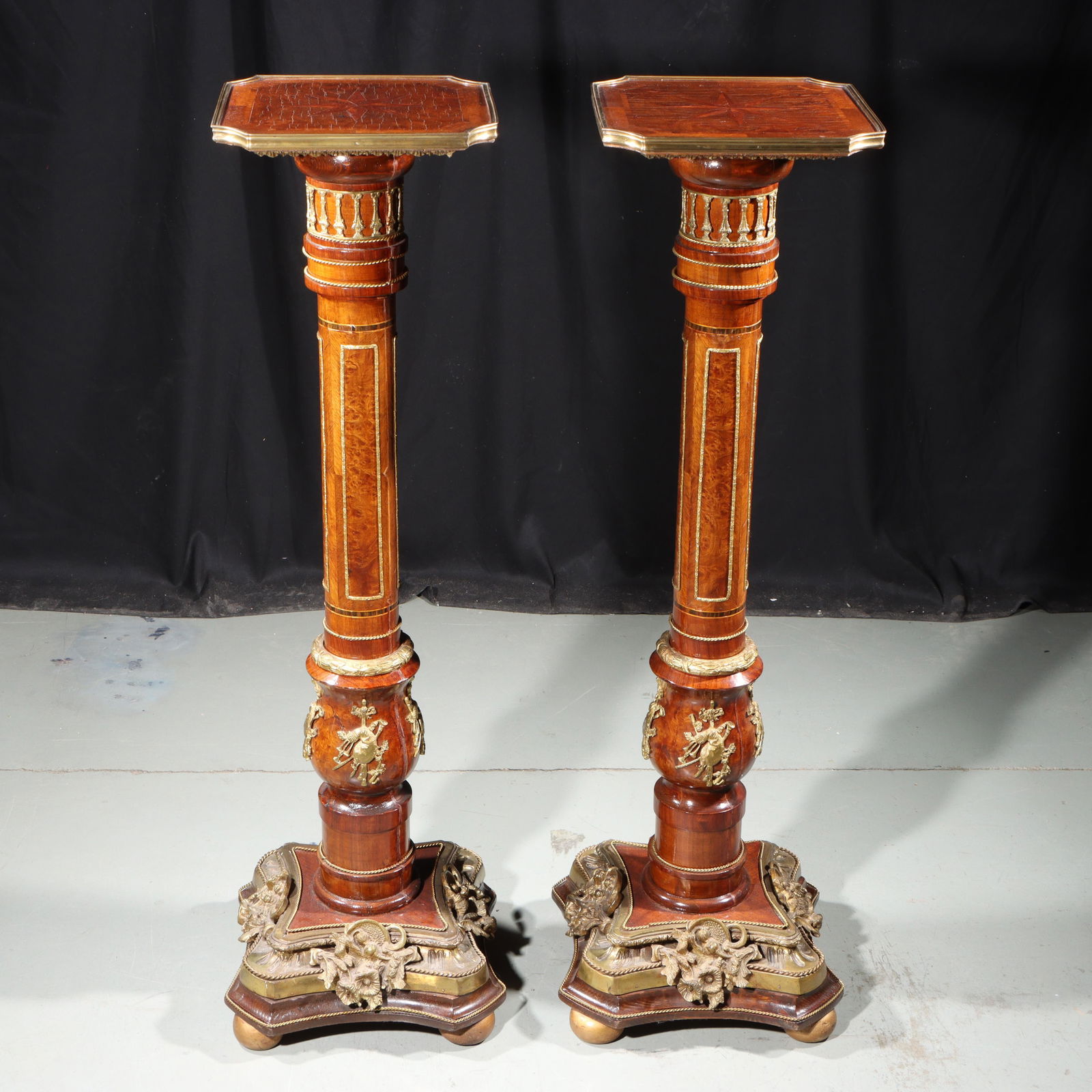 Pair Empire style gilt ormolu mounted and banded mahogany pedestals with ornate floral applique on (1 of 17)