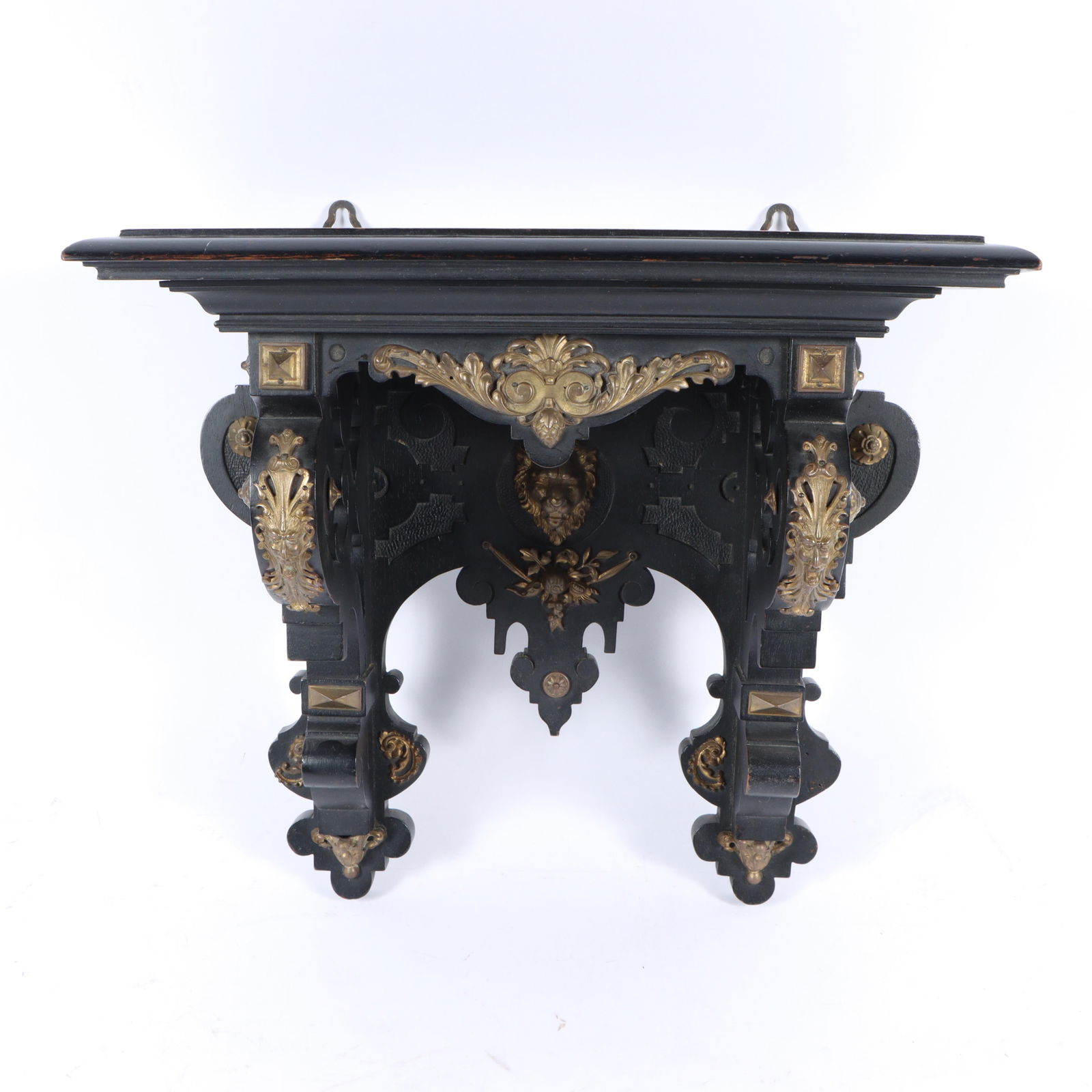English George III ebonized ormolu mounted double bracket wall sconce clock shelf. 14 3/4"H x 15 (1 of 12)