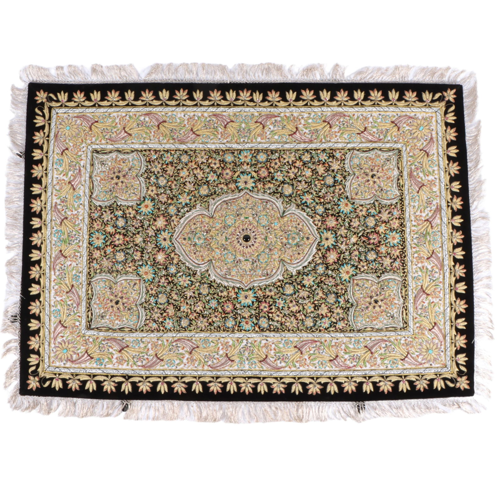 Kashmir Zardozi 20th Century embroidery wall hanging jewel tapestry on velvet panel with faceted: Kashmir Zardozi 20th Century embroidery wall hanging jewel tapestry on velvet panel with faceted gemstones and semi precious beads, a traditional Persian art form involving gold thread and often embel