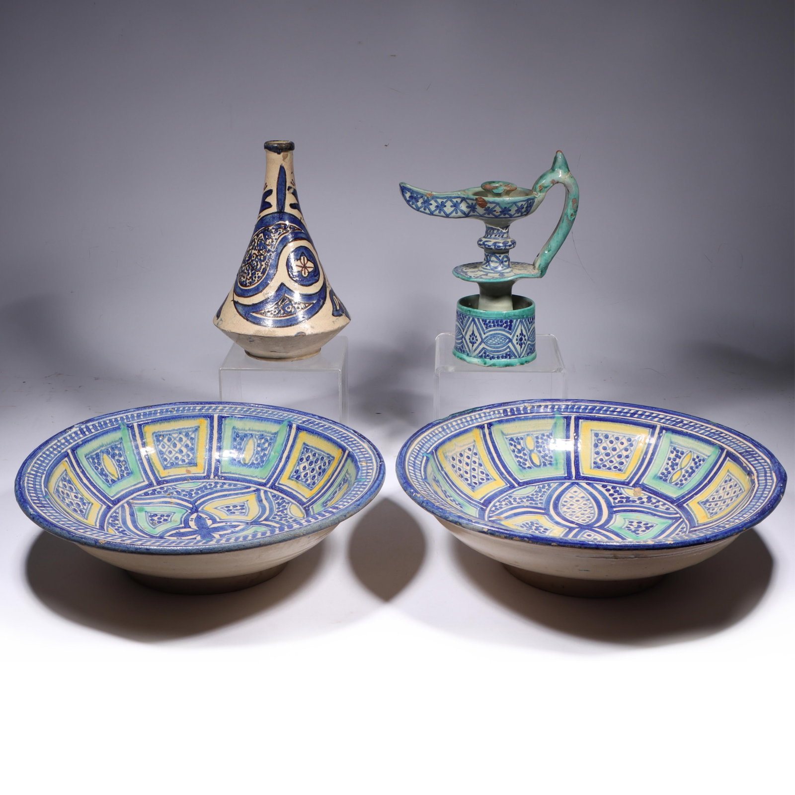 Moroccan / Turkish? hand painted faiance pottery group; two large mixing bowls, vessel, and lamp. 3 (1 of 20)
