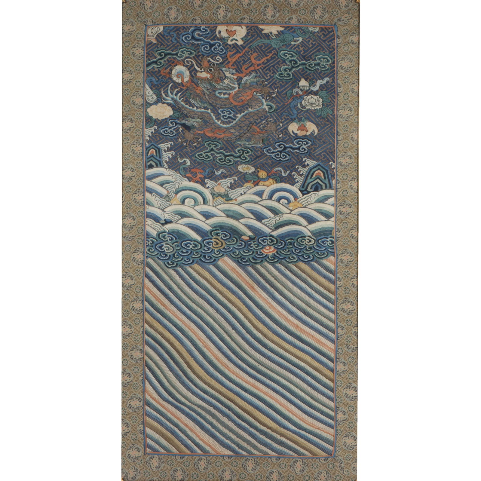 Chinese Qing Dynasty Kesi dragon robe panel in frame. 36 1/2"H x 18"W(sight), 38 3/4"H x 20"W(frame) (1 of 13)