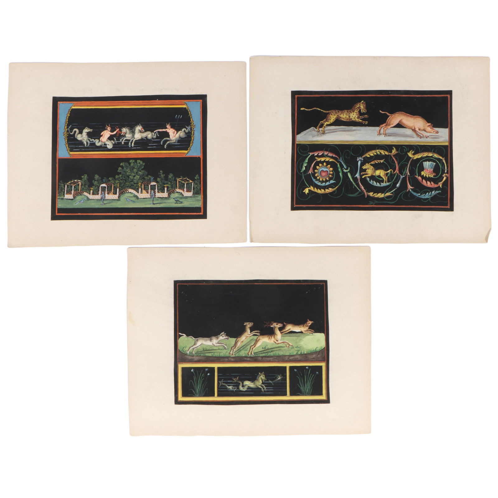 Anonymous, scenes from antiquity (POMPEIAN FRESCOES), three gouache paintings on paper laid on (1 of 20)