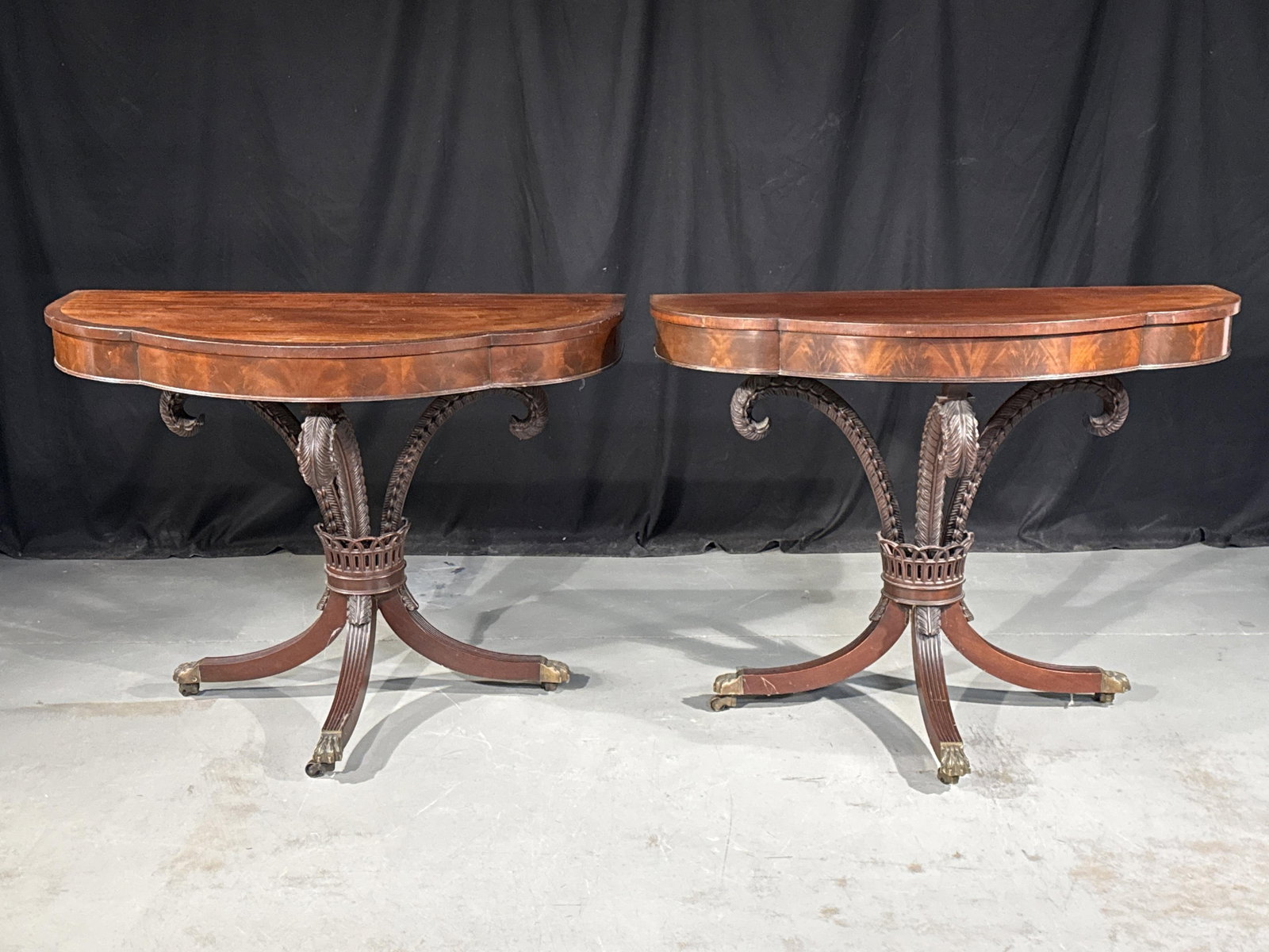 Pair Regency demi-lune console entry tables with tripod feather plume pedestal bases. 31 1/2"H x 40 (1 of 13)