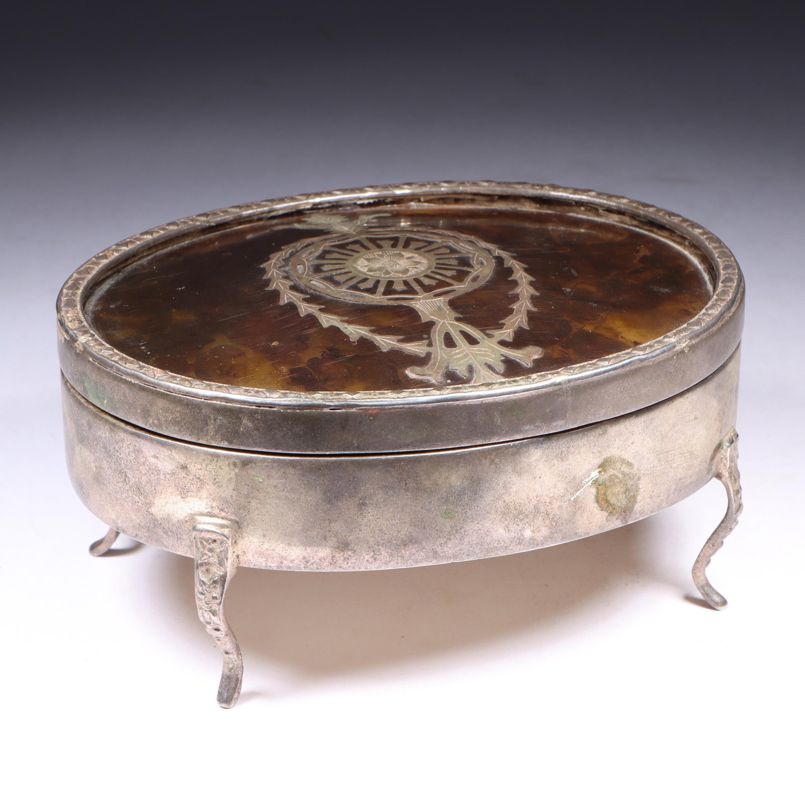Antique Ewardian silver inlaid shell pique jewelry dresser box with cabriole feet, 2 3/4" H x 5 5/8" (1 of 12)