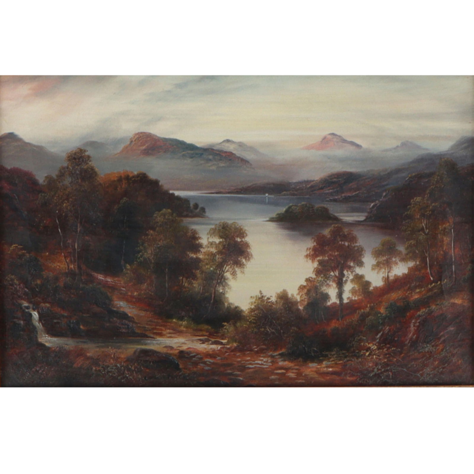 George Willis-Pryce, English (1866-1949), river landscape with mountains in background, oil on: George Willis-Pryce English (1866-1949) river landscape with mountains in background oil on canvas Signed lower left. Craquelure present. 12"H x 18"W(stretcher), 14 1/4"H x 20 1/4"W(frame)