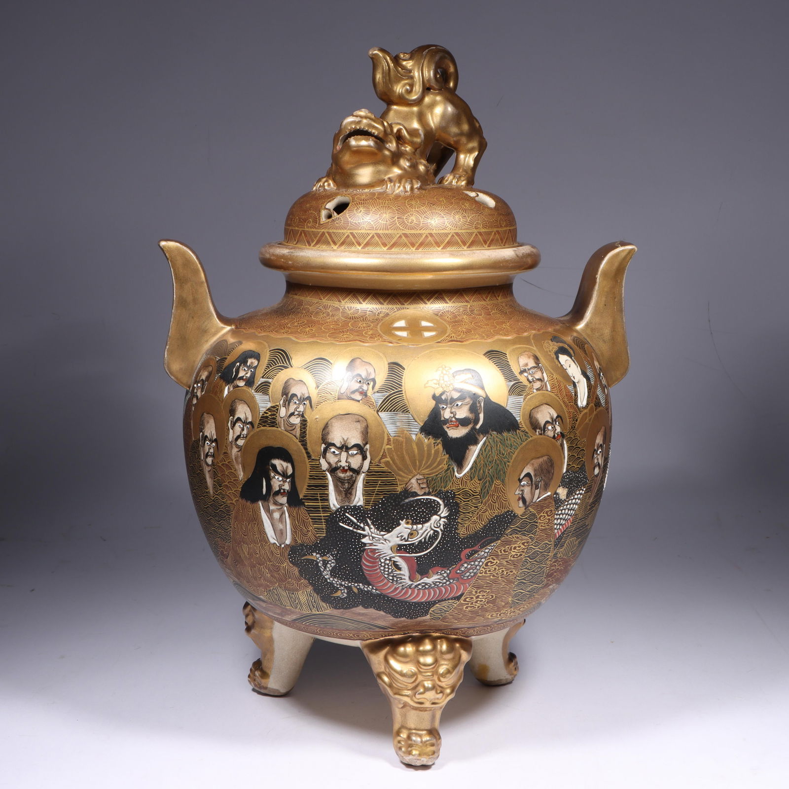 Large Japanese Satsuma porcelain and gilt Koro censer hand painted with many faces and dragon, (1 of 19)