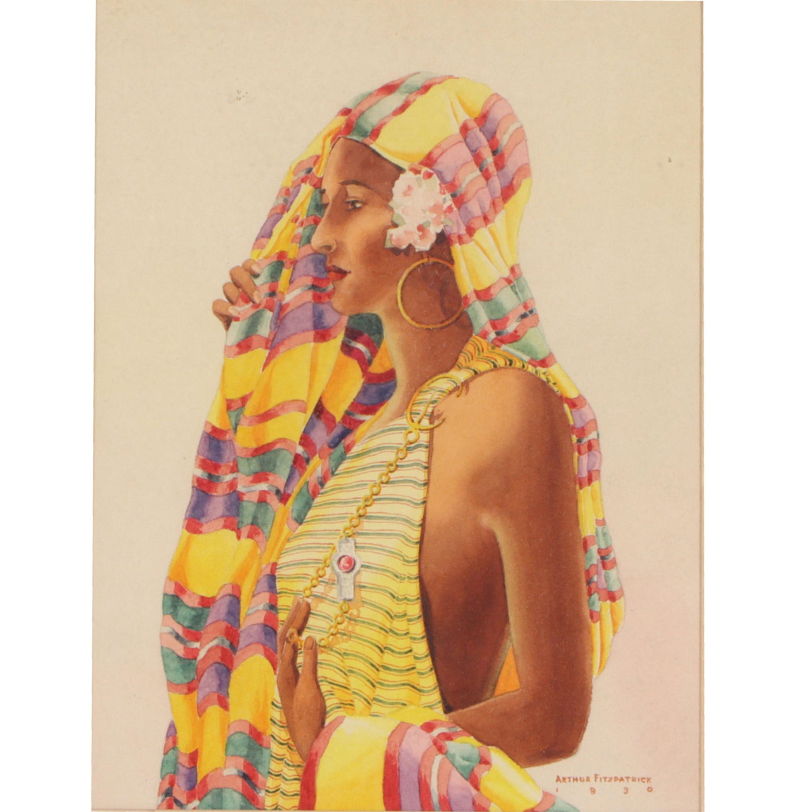 Arthur Fitzpatrick, American (20th Century), Tunisian woman, 1930 Art Deco illustrative profile: Arthur Fitzpatrick American (20th Century) Tunisian woman, 1930 Art Deco illustrative profile portrait watercolor on paper woman with colorful headscarf, flowers, and hoop earrings, signed and dated l