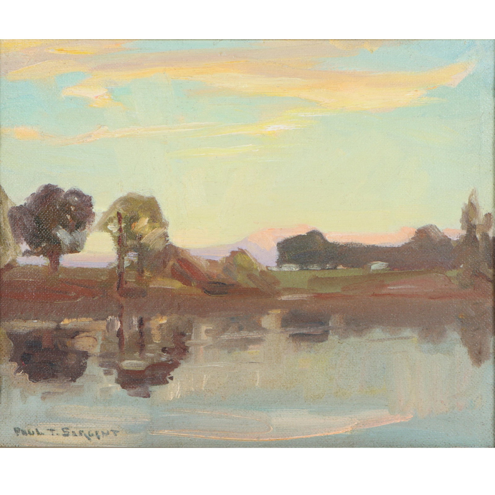 Paul Turner Sargent, American (1880-1946), impressionist river landscape, oil on board, 14"H x: Paul Turner Sargent American (1880-1946) impressionist river landscape oil on board Signed lower left. Biography from the Archives of askART: Born in Hutton, Illinois, Paul Sargent was an Illinois lan