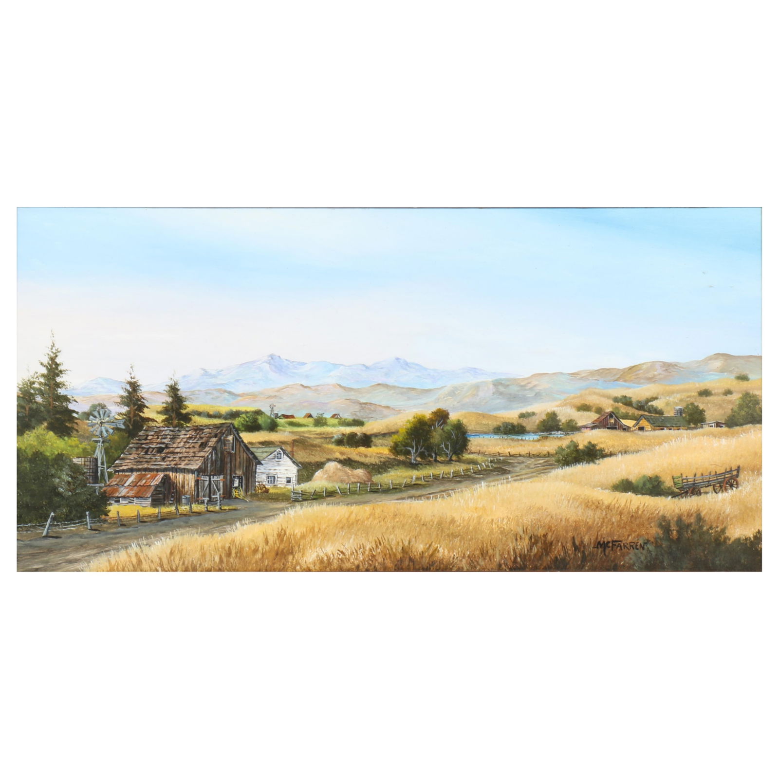 Robert McFarren, American (1917-1997), Western Panorama, 1987, rustic landscape with mountains in: Robert McFarren American (1917-1997) Western Panorama, 1987, rustic landscape with mountains in background oil on masonite signed lower right, signed and dated verso. Lindsey Gallery, CA label verso.