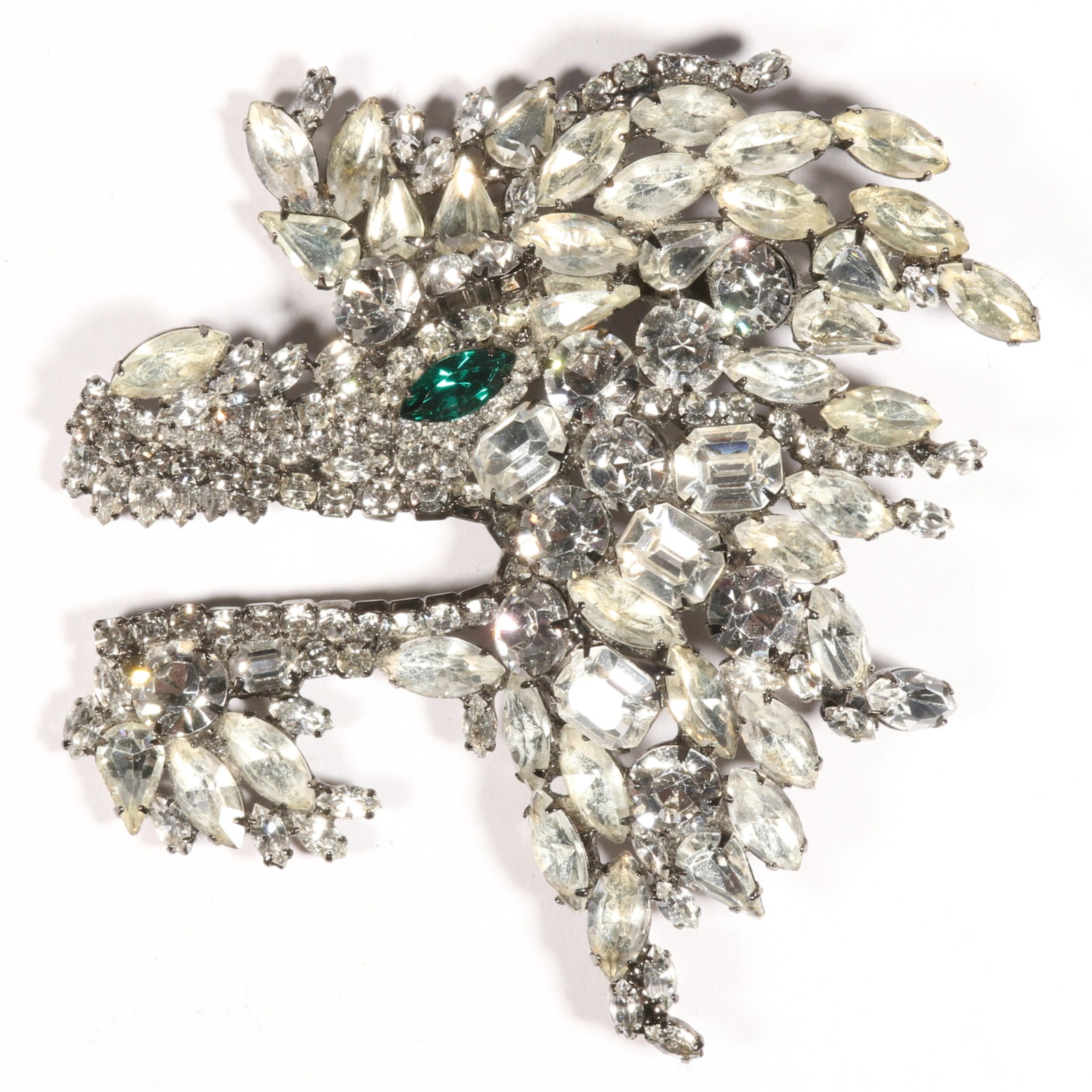 MOANS FOR THE MET OPERA Christopher Crouch massive dragon head brooch with diamante rhinestone: MOANS FOR THE MET OPERA Christopher Crouch massive dragon head brooch with diamante rhinestone crystals and emerald eye 4 1/2"H x 4 1/2"W