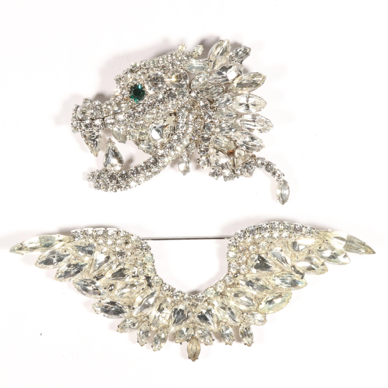 MOANS Couture Christopher Crouch 2pc group: rhinestone dragon head brooch with emerald eye and (1 of 11)