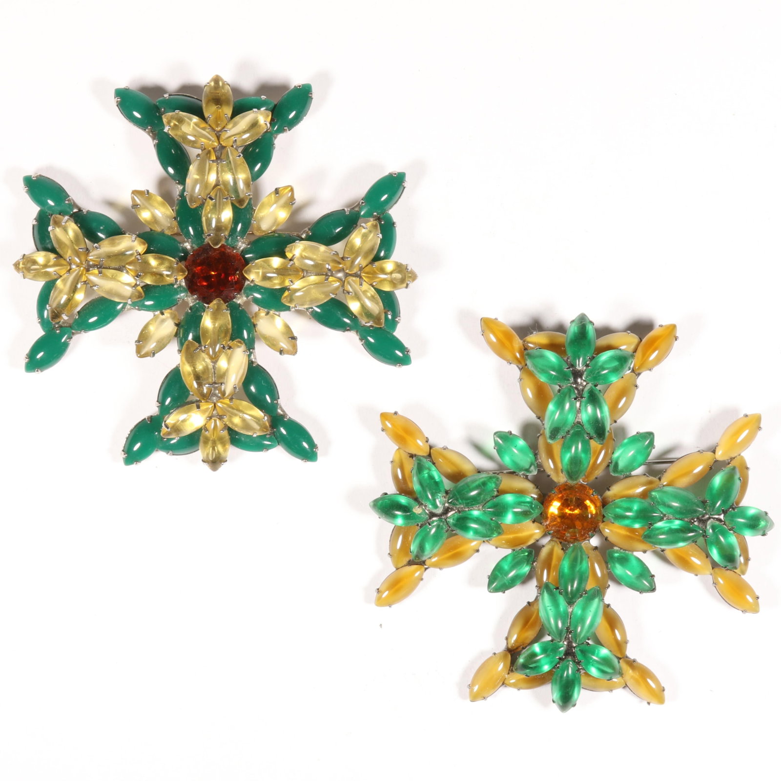 Pair of Kenneth Lane KJL large jeweled Maltese cross brooches, one unsigned 3 1/2"H x 3 1/2"W (1 of 9)