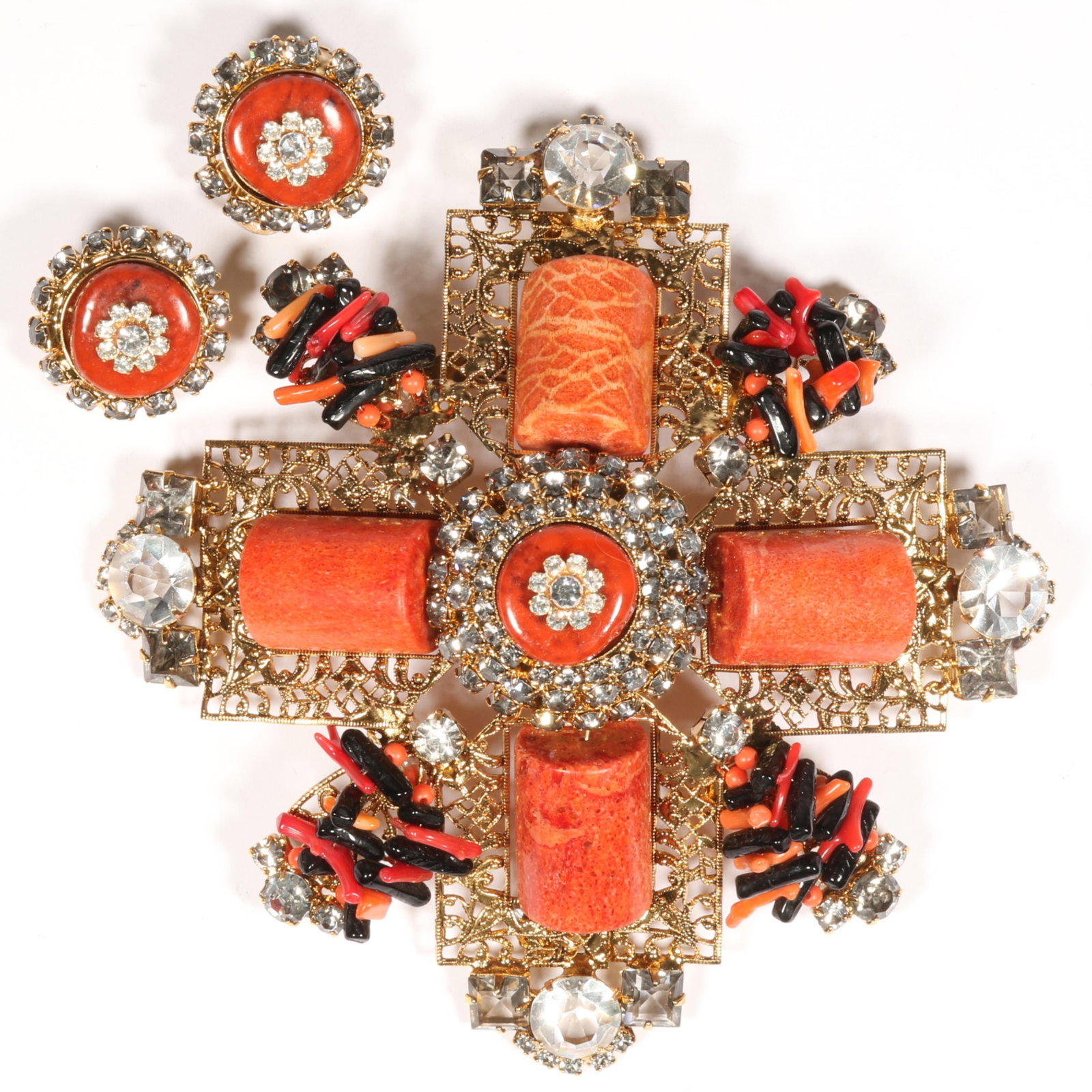 HUGE Lawrence VRBA layered brooch with matching earrings adorned with large red coral beads, smaller (1 of 9)