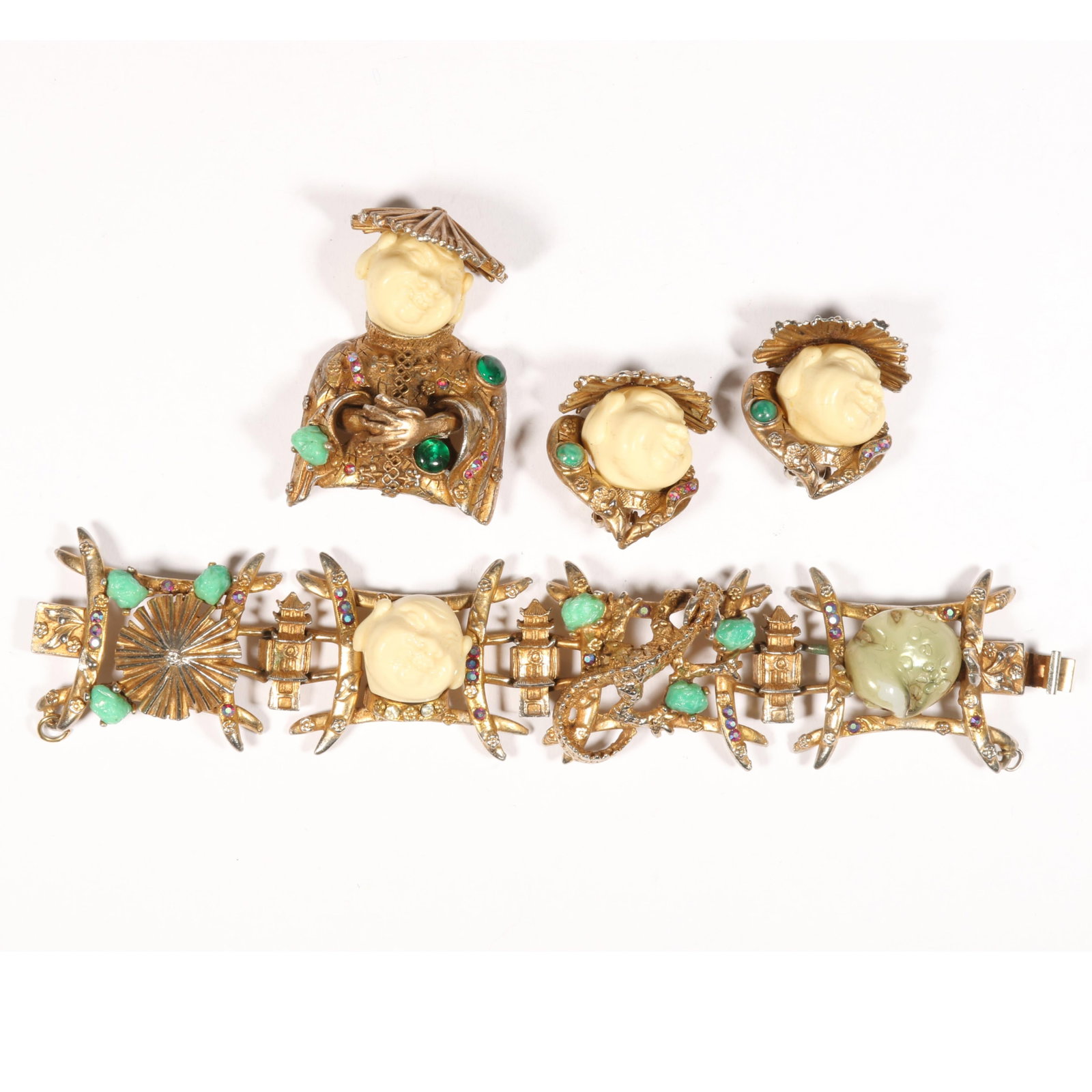 HAR Laughing Buddha parure with panel bracelet including Peking glass moonrock stones, art glass, (1 of 9)