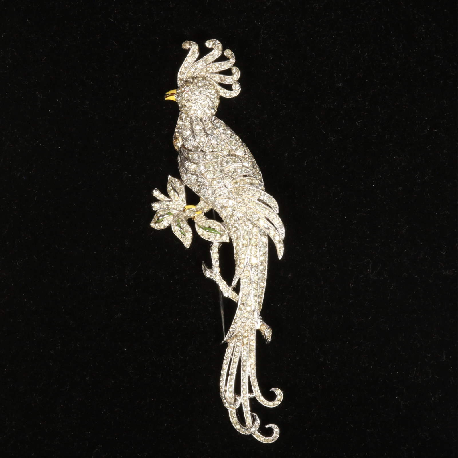 RARE Coro GIANT pave parrot bird of paradise pin brooch with enamel detail, unsigned 5"H x 1 3/4"W (1 of 9)