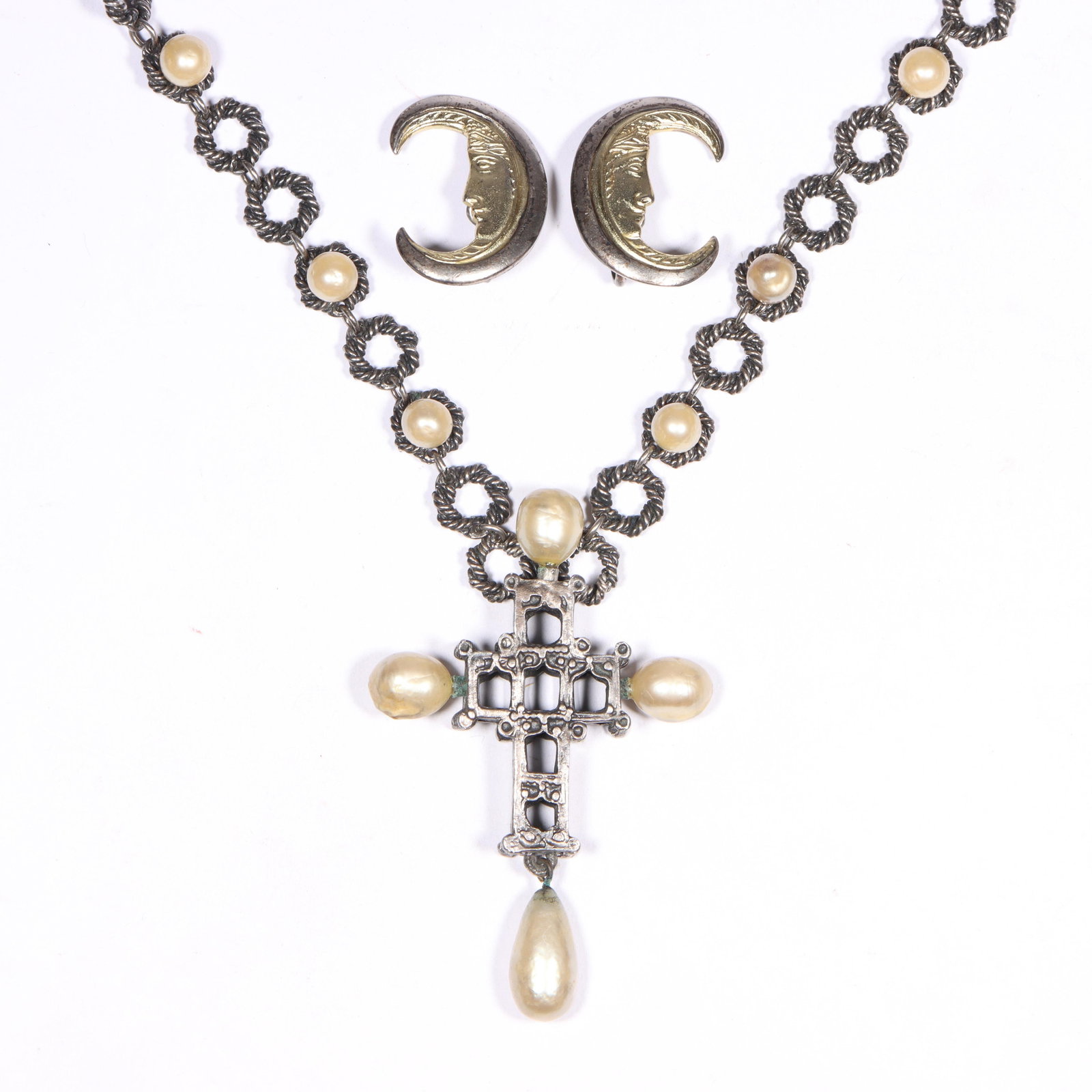 Diane Love for Trifari 2pc group: Greek Reliquary Cross Necklace with Crescent Moon earrings 31"L x (1 of 11)