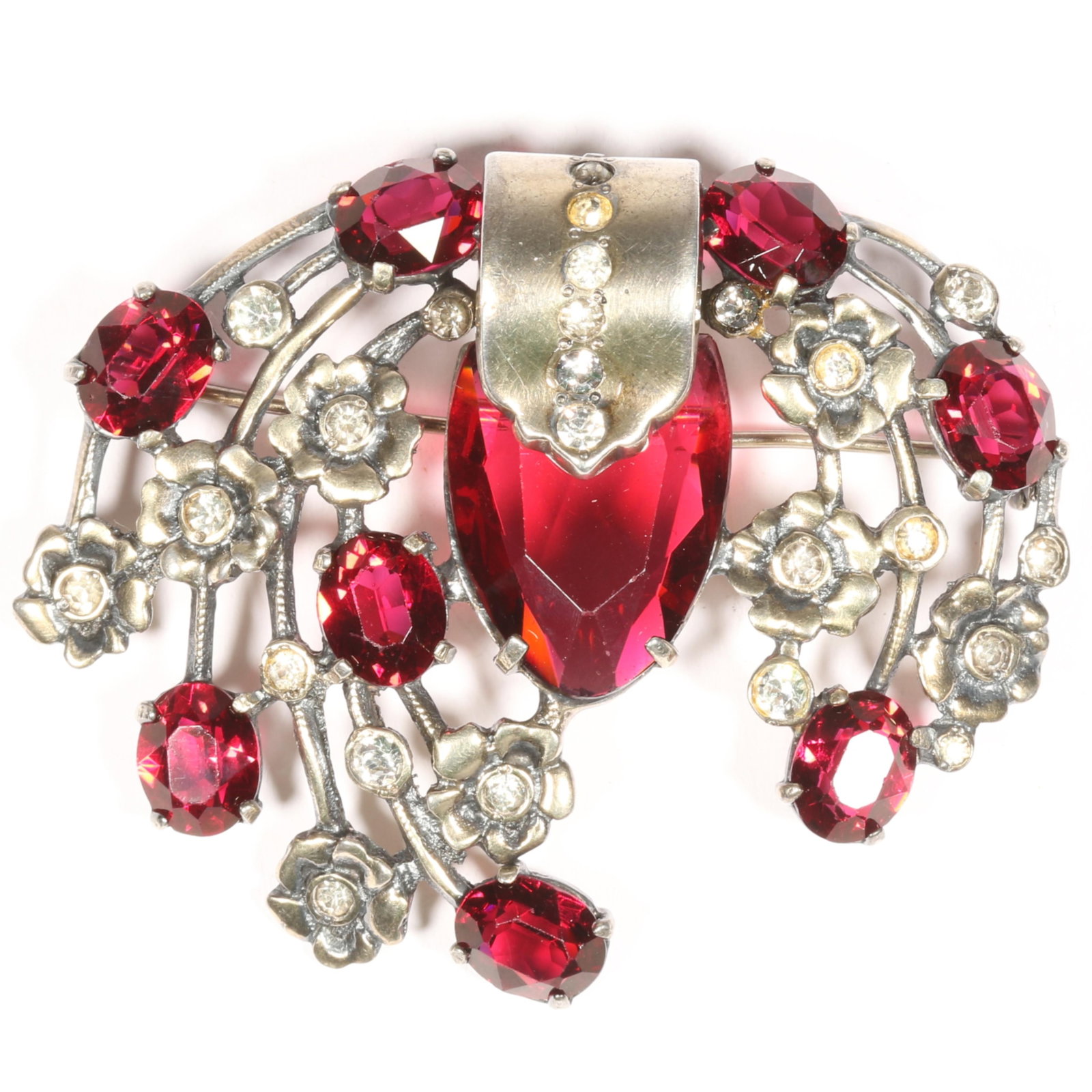 Eisenberg sterling silver spray pin brooch with large ruby red oval crystal center and asymmetrical (1 of 7)