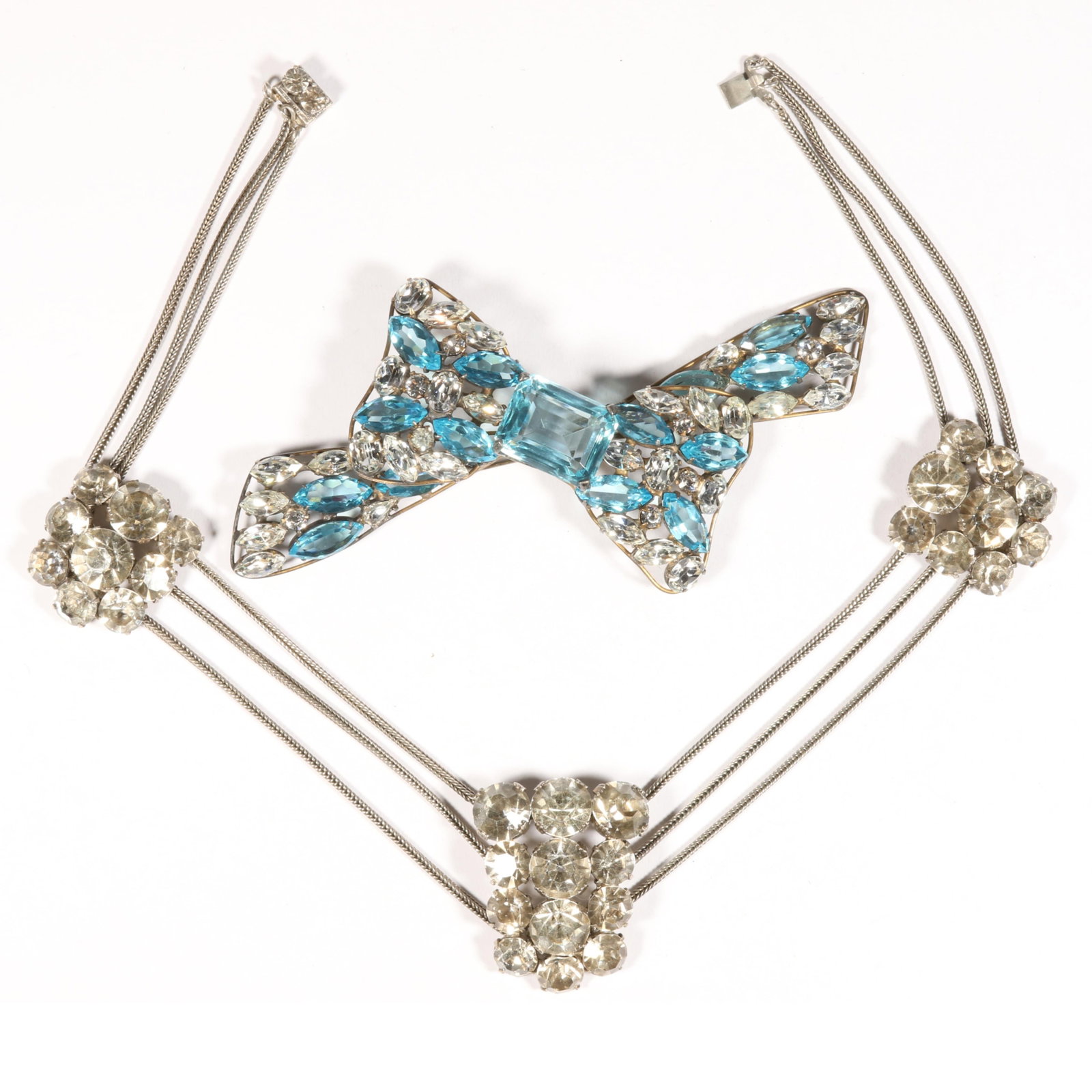 2pc Art Deco sterling silver jewelry group: large sterling vermeil bow brooch with aqua colored (1 of 12)