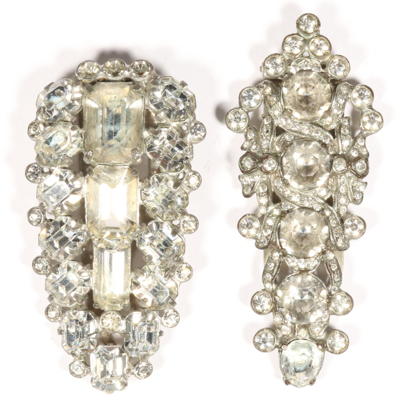Pair of Eisenberg Original pot metal dress clips with rhinestone crystals 3 1/4"H x 1 3/8"W (taller) (1 of 6)