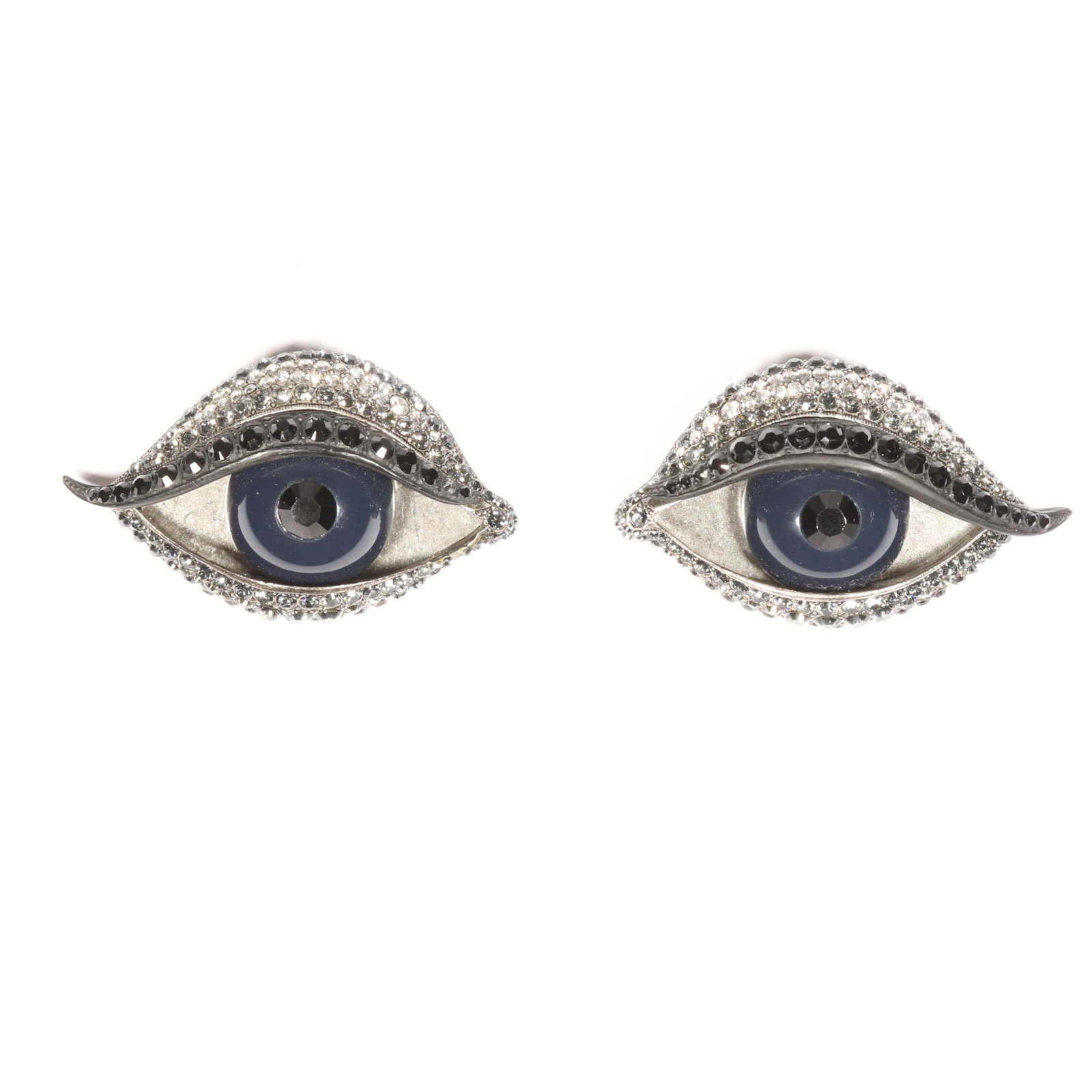 Lanvin Paris pair of Surreal Eye brooches in gun metal with rhinestones in gradient tones 1 1/2"H x: Lanvin Paris pair of Surreal Eye brooches in gun metal with rhinestones in gradient tones Provenance: From the Collection of Joan Duran 1 1/2"H x 2 1/2"W (both)