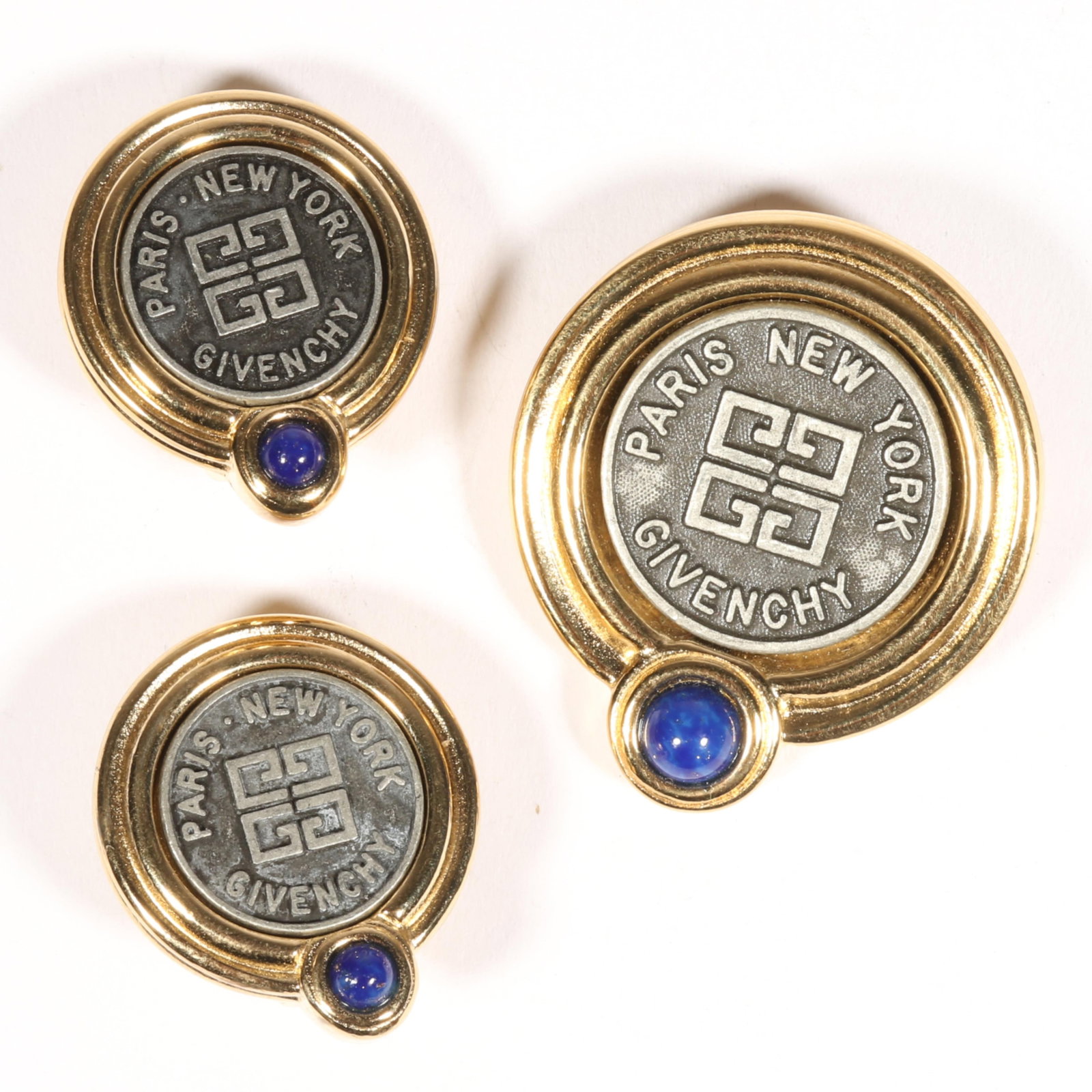 Givenchy Paris New York logo coin medallion and blue art glass cabochon brooch and matching (1 of 6)