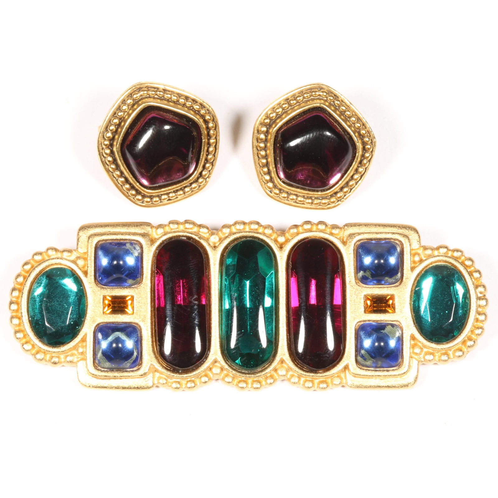 Yves Saint Laurent YSL 2pc group with jewel tone jelly cabochon brooch and complementary earrings, (1 of 6)