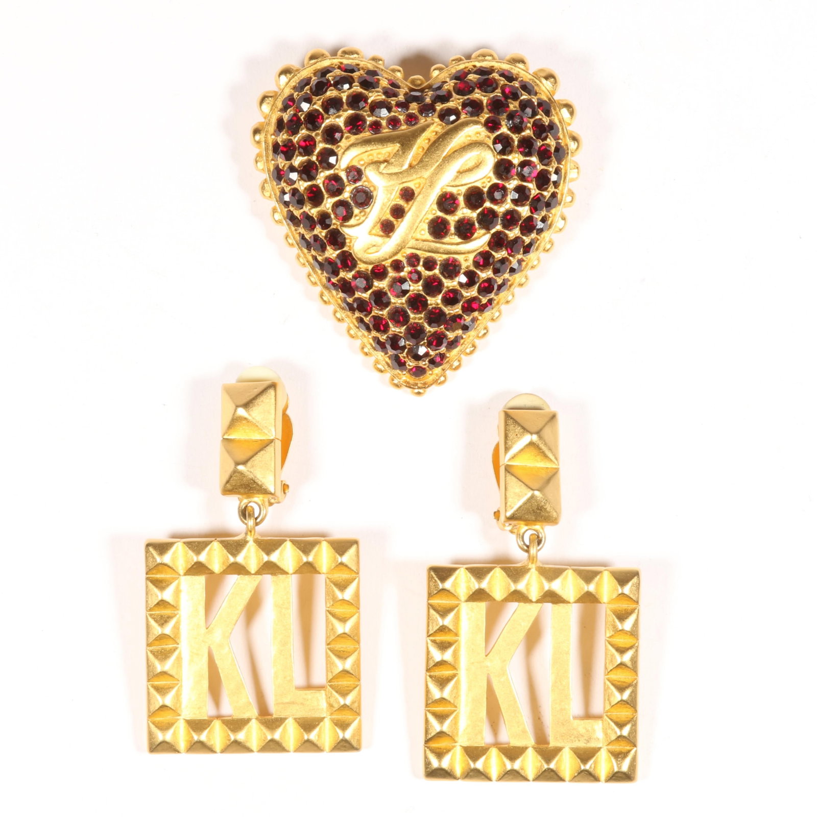 Karl Lagerfeld 2pc group: monogram heart brooch with ruby red rhinestones and monogram dangle (1 of 7)