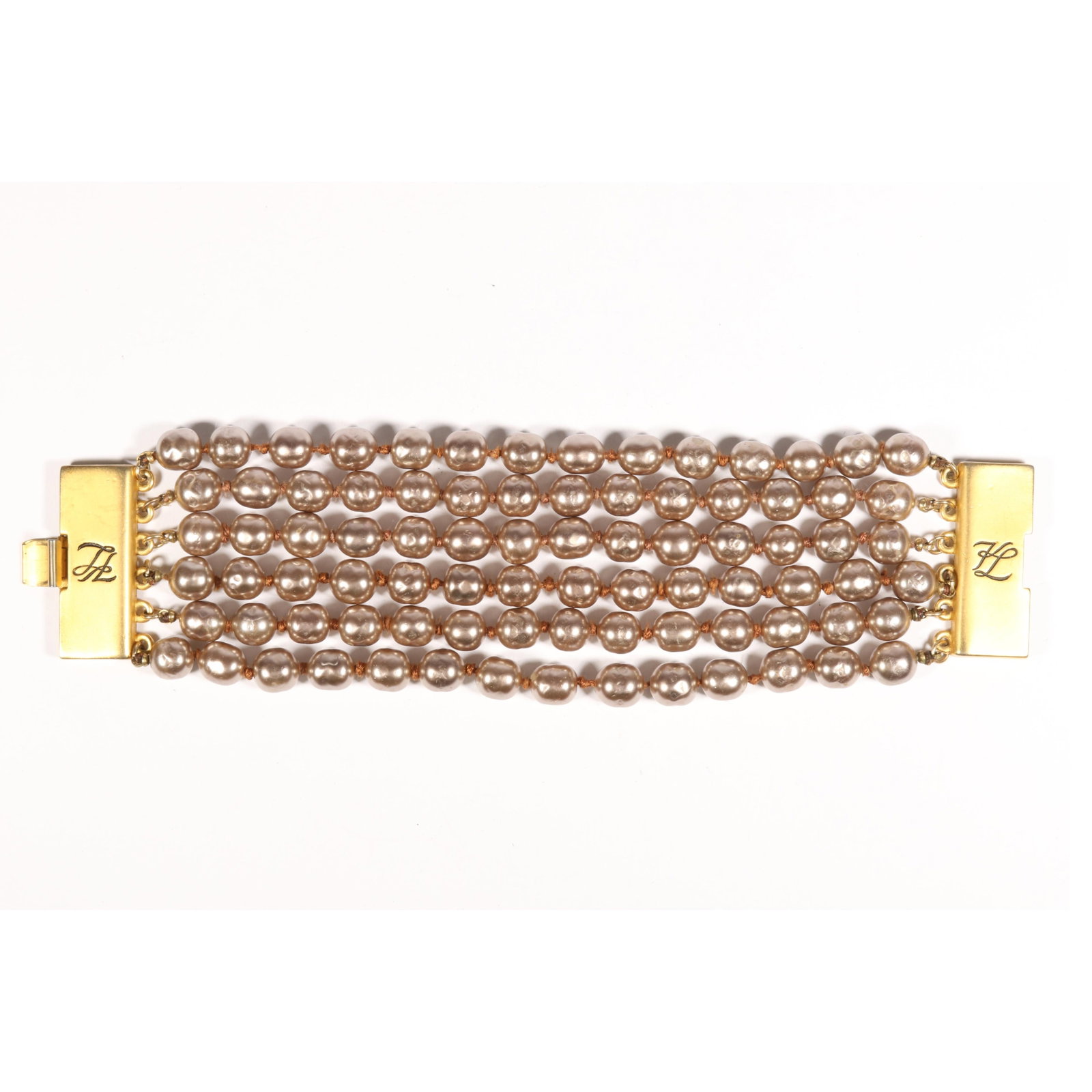 Karl Lagerfeld vintage 6 strand hand knotted on silk Gripoix pearl bracelet with logo on clasps, and (1 of 9)