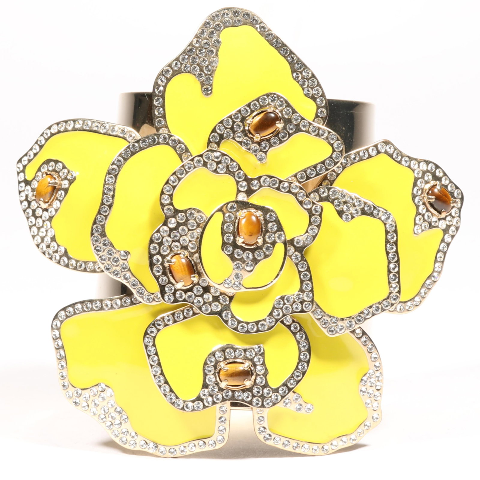 Valentino HUGE haute couture chartreuse yellow enamel floral rhinestone cuff bracelet with tigers: Valentino HUGE haute couture chartreuse yellow enamel floral rhinestone cuff bracelet with tigers eye cabochon accents Provenance: From the Collection of Joan Duran 3 3/4"H x 2 1/8"W