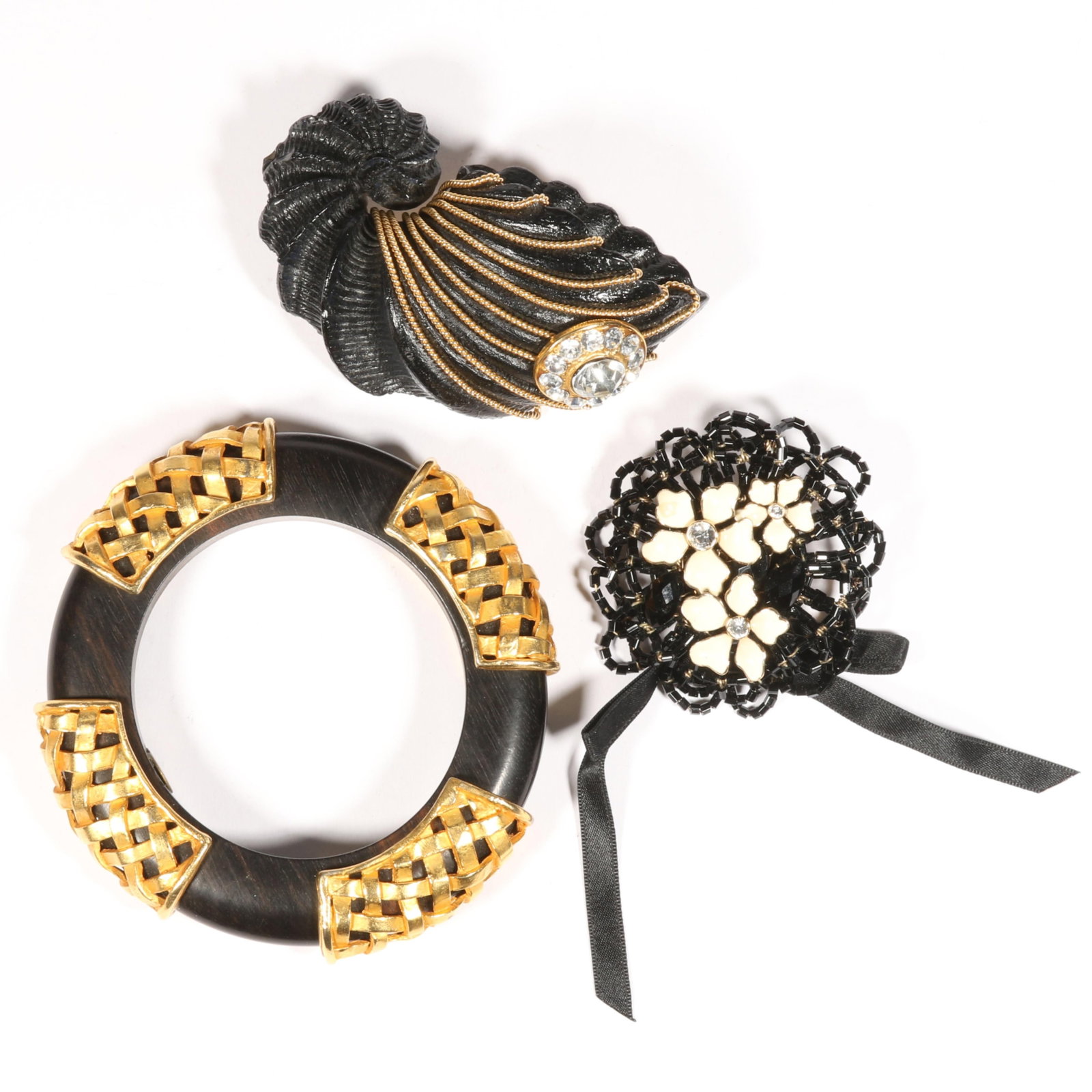 Designer jewelry 3pc group: Dominique Aurientis Paris chunky wooden bangle with gold trellis design, (1 of 11)